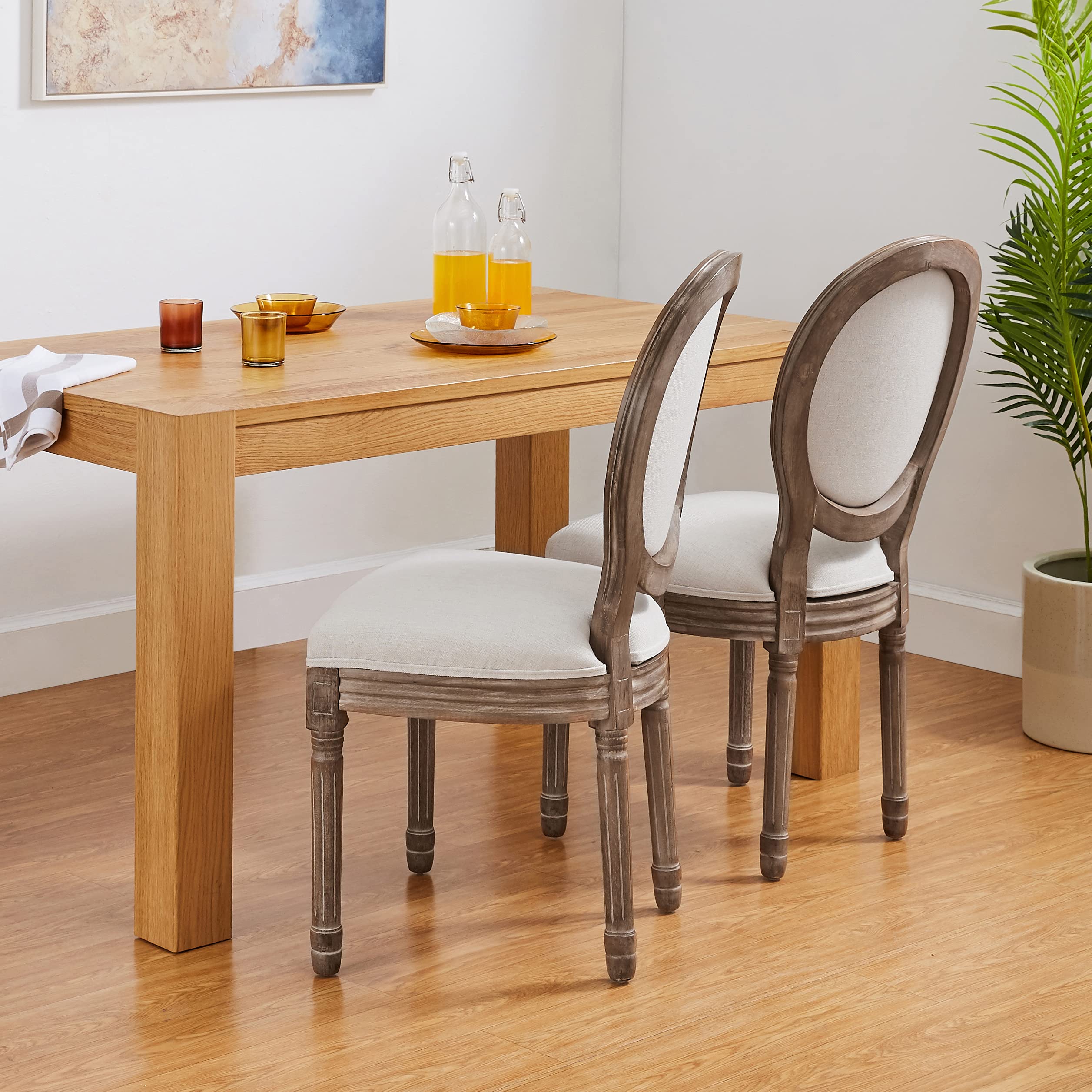 French Country Farmhouse Dining Chairs - Set of 2 Distressed Round Back Accent Chairs with Fabric Upholstery in Beige | Perfect for Kitchen, Dining Room & Bedroom Decor