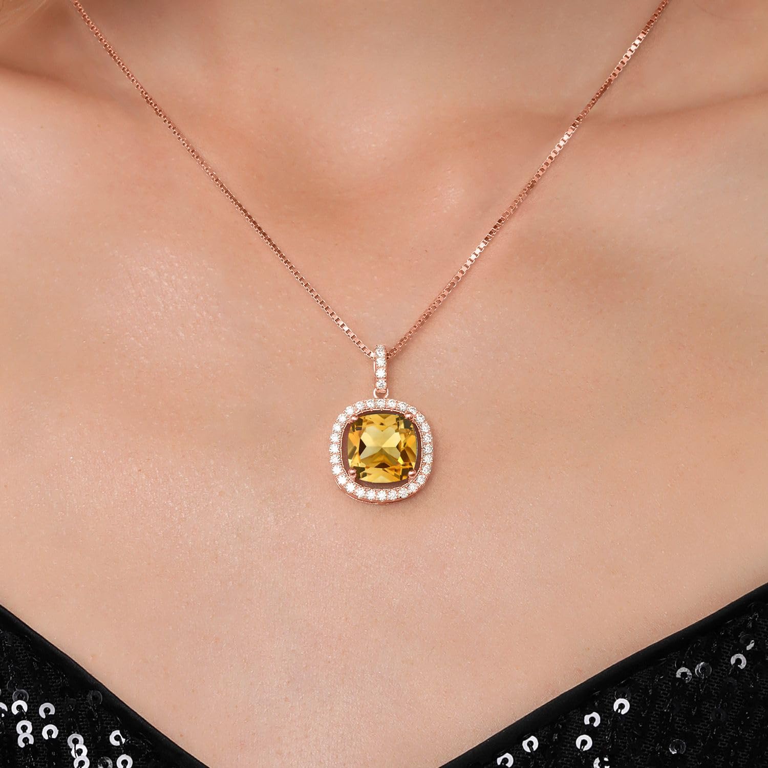 18K Rose Gold Plated Silver 12MM Cushion Gemstone & White Moissanite Birthstone Necklace for Women | 18