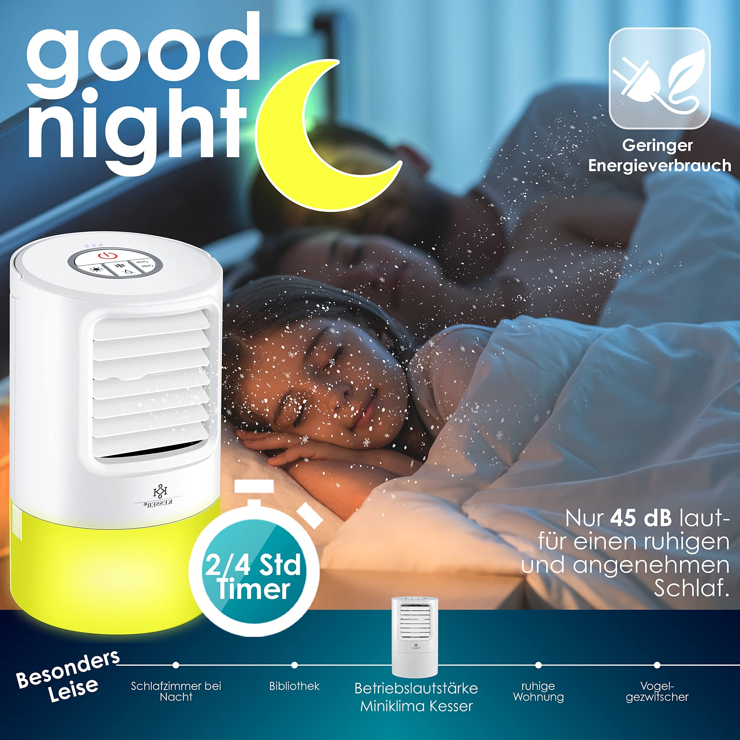 KESSER® Portable 4-in-1 Mini Air Conditioner with LED Lights, Fan, Water Tank & Timer - 3 Speed Levels, Ionizer Humidifier, Compact Personal Cooler (White) - Perfect for Bedroom, Office & Small Spaces