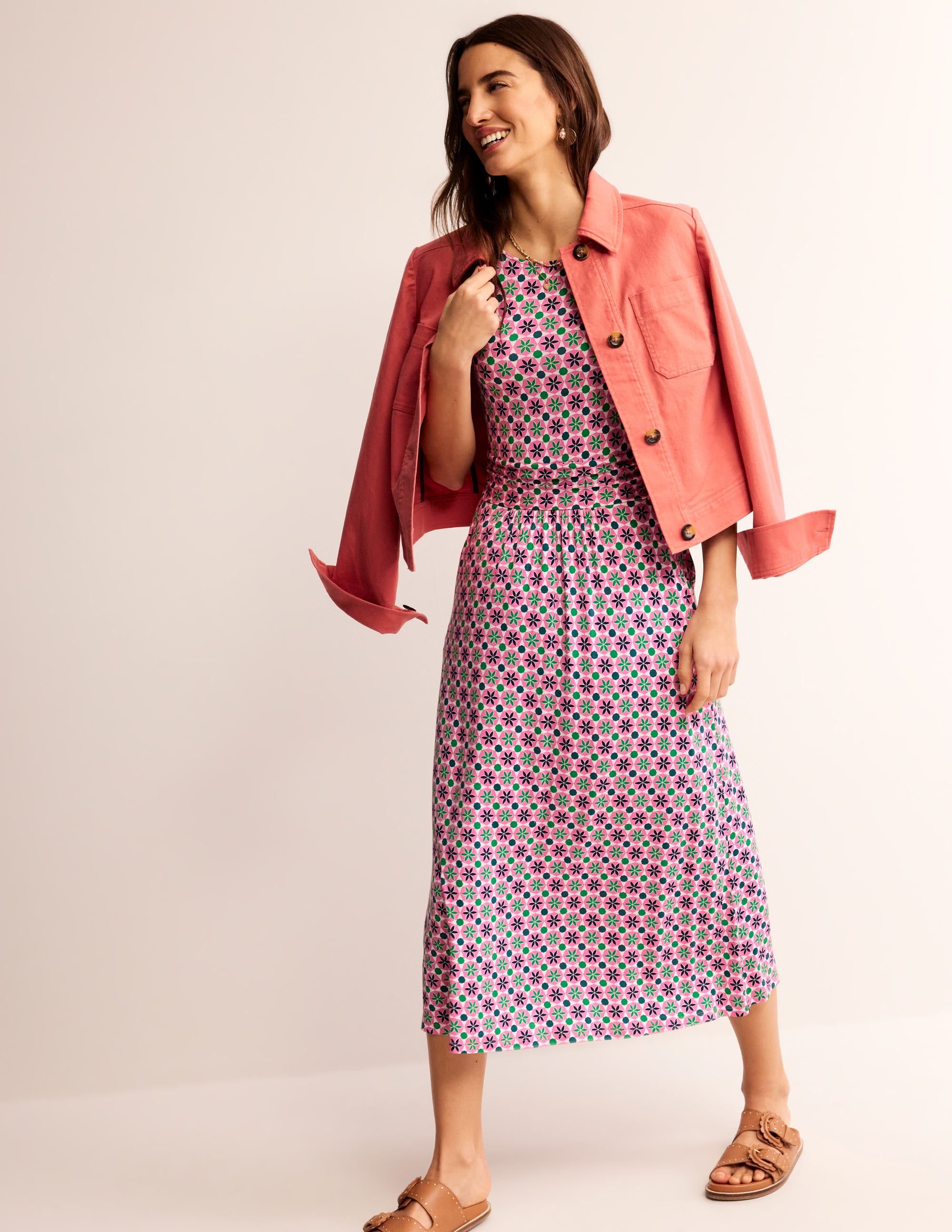 Amelie Floral Print Jersey Midi Dress in Pink - Women's Casual Summer Dress for Brunch, Date Night & Vacation