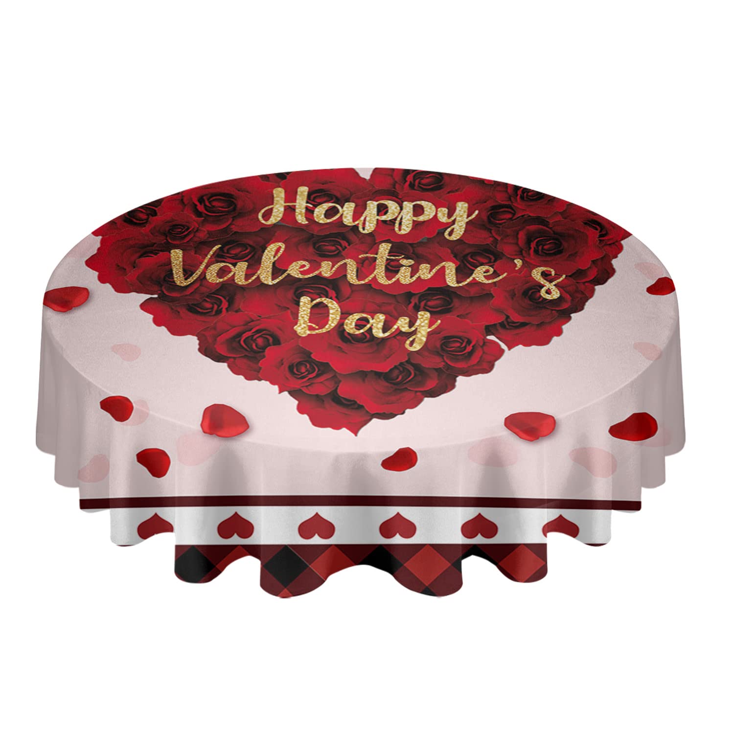 60 Inch Round Waterproof Tablecloth - Red Rose Heart Plaid Design, Washable Polyester Fabric for Kitchen, Dining Table, Valentine's Day, Holiday Party & Romantic Dinner Decorations
