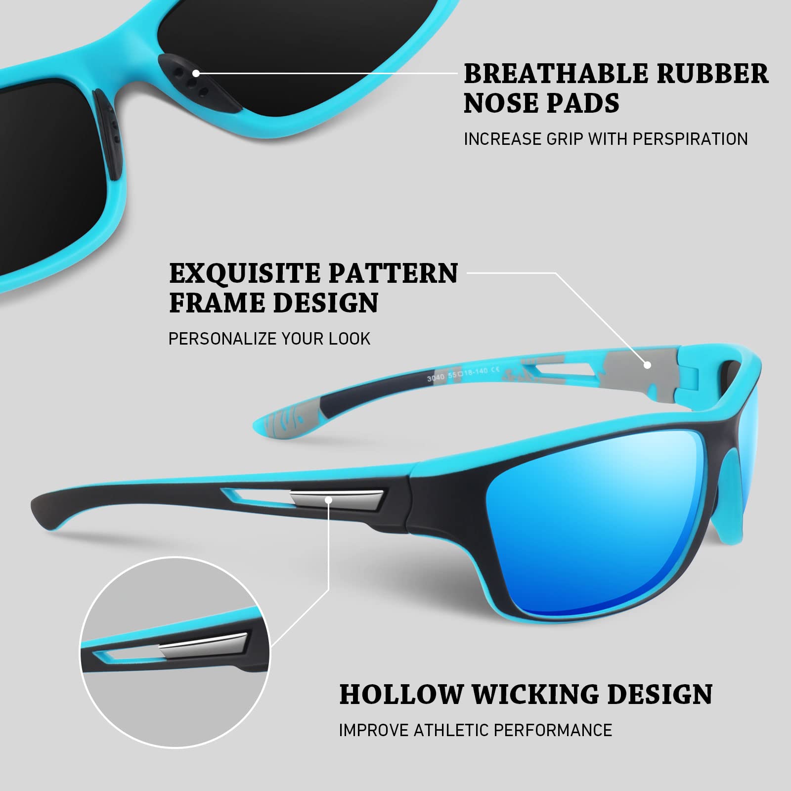 Polarized Sports Sunglasses for Men & Women - UV400 Protection Rectangular Goggles for Fishing, Driving, Running & Outdoor Activities