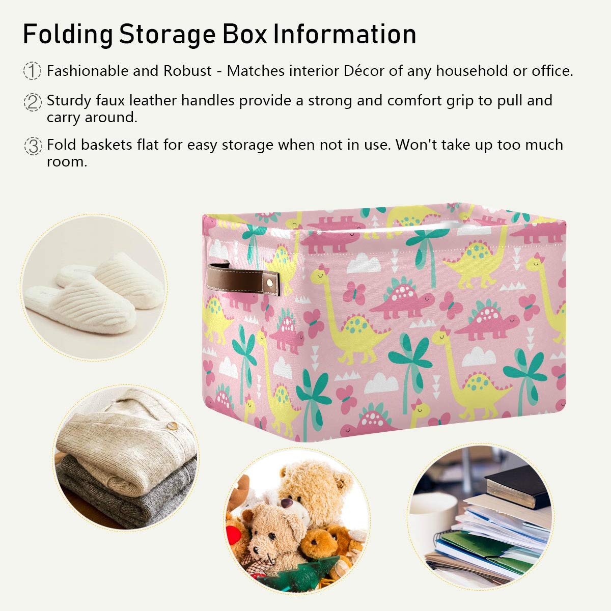 Pink Dinosaur Storage Basket - Large Collapsible Canvas Cube Bin Organizer for Home, Office, Closet (15