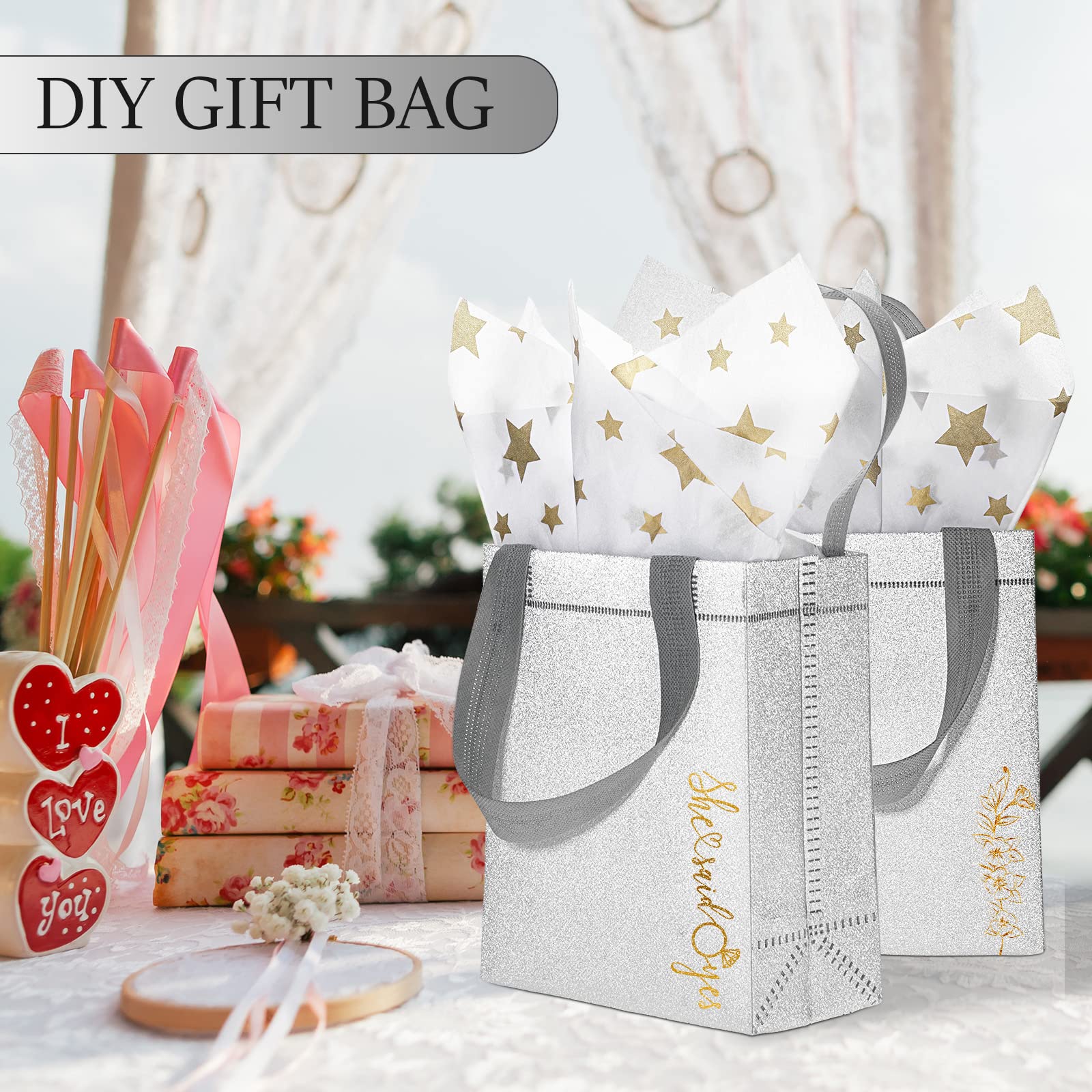Woanger 48 Pack Silver Glitter Wedding Favor Bags with Handles - 7.9x3.9x9.8 Inch Reusable Non-Woven Tote Gift Bags for Bridal Shower, Birthday Party, Baby Shower & Holiday Events - Bulk Goodie Bags for Wedding Favors & Party Decorations