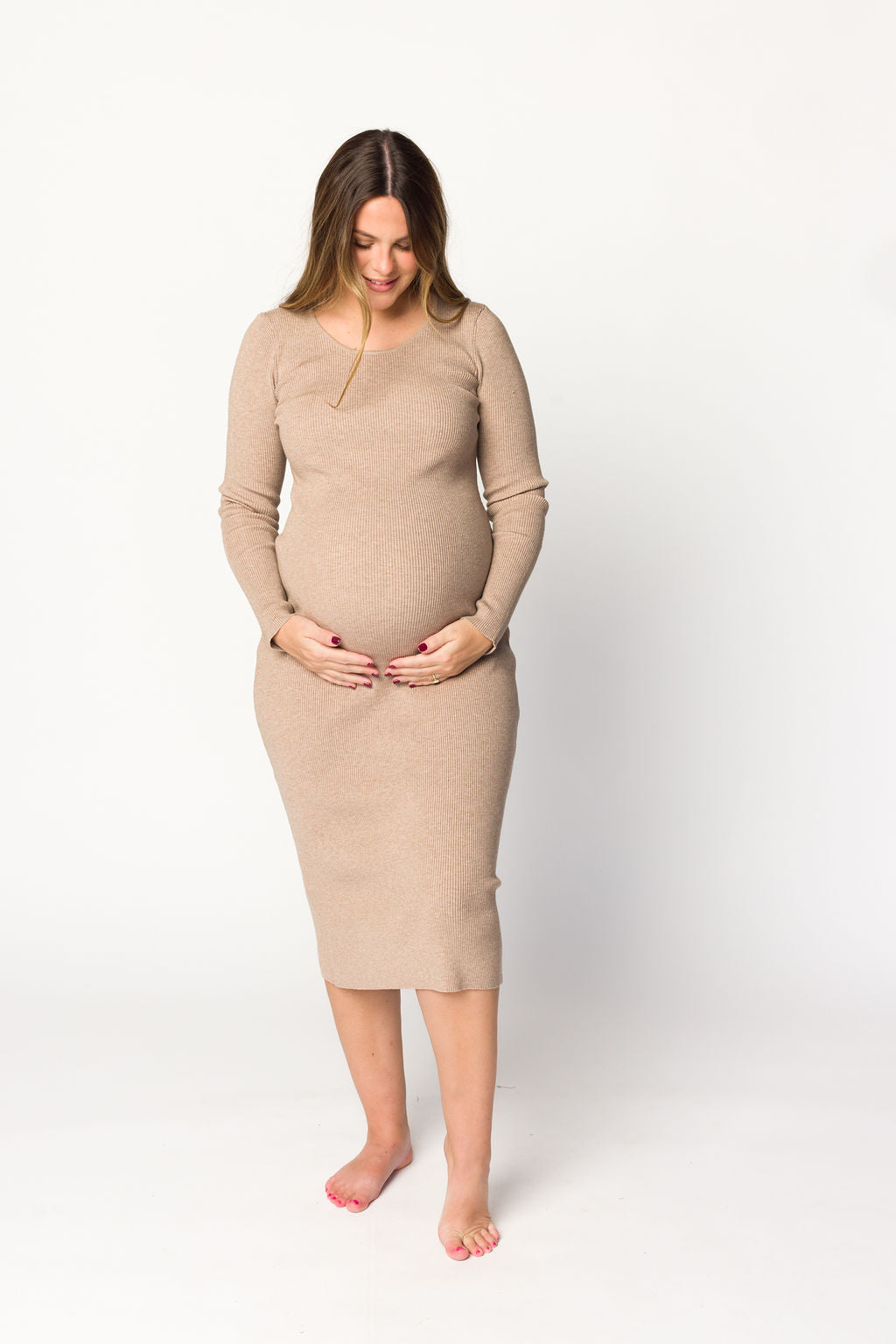 Gwen Ribbed Midi Dress in Mocha - Women's Slim Fit Knit Bodycon Dress for Casual Wear, Date Night & Office Outfits