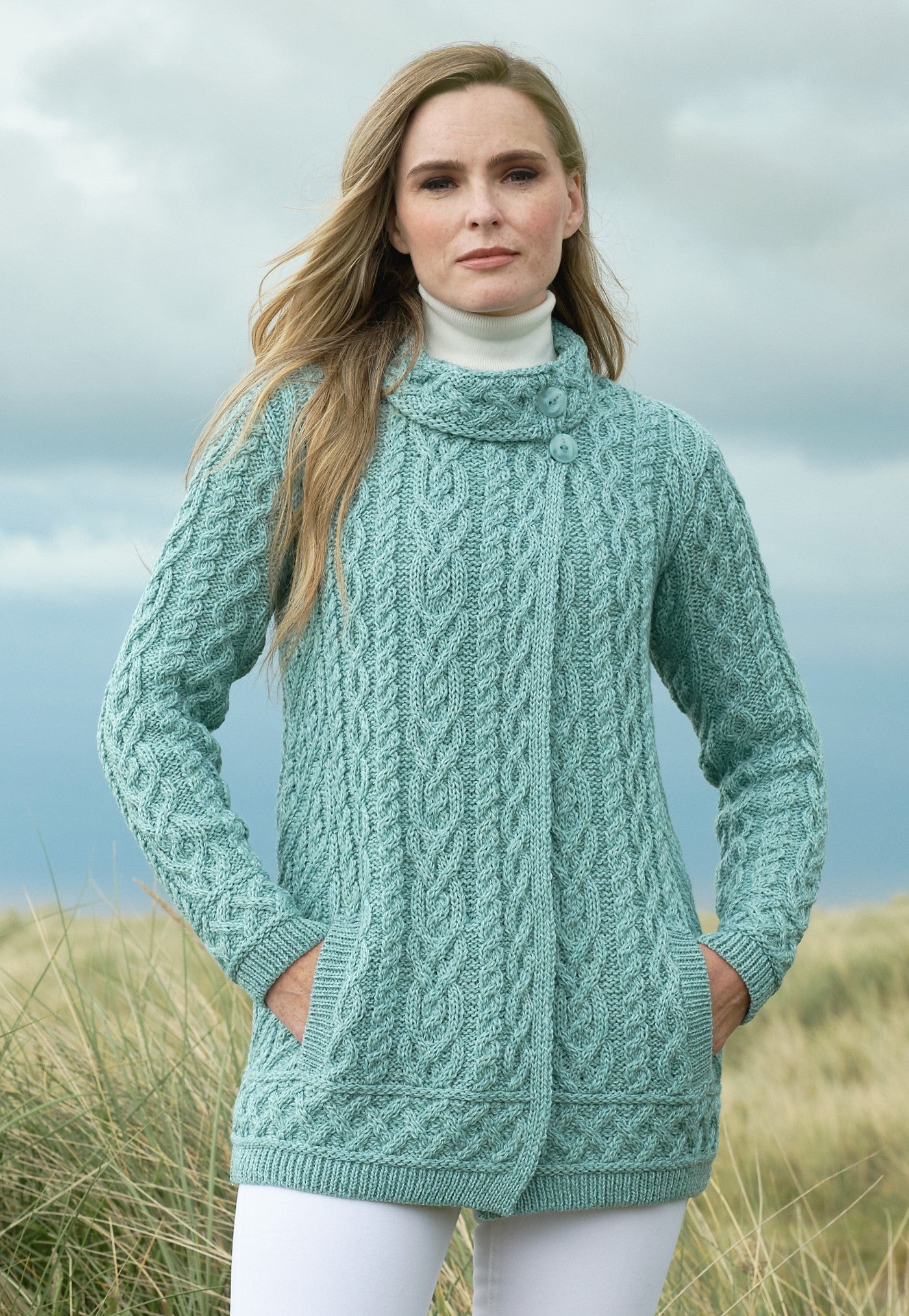 Soft Aran Two Button Neck Cardigan for Women - Cozy Winter Sweater for Office, Casual & Date Nights