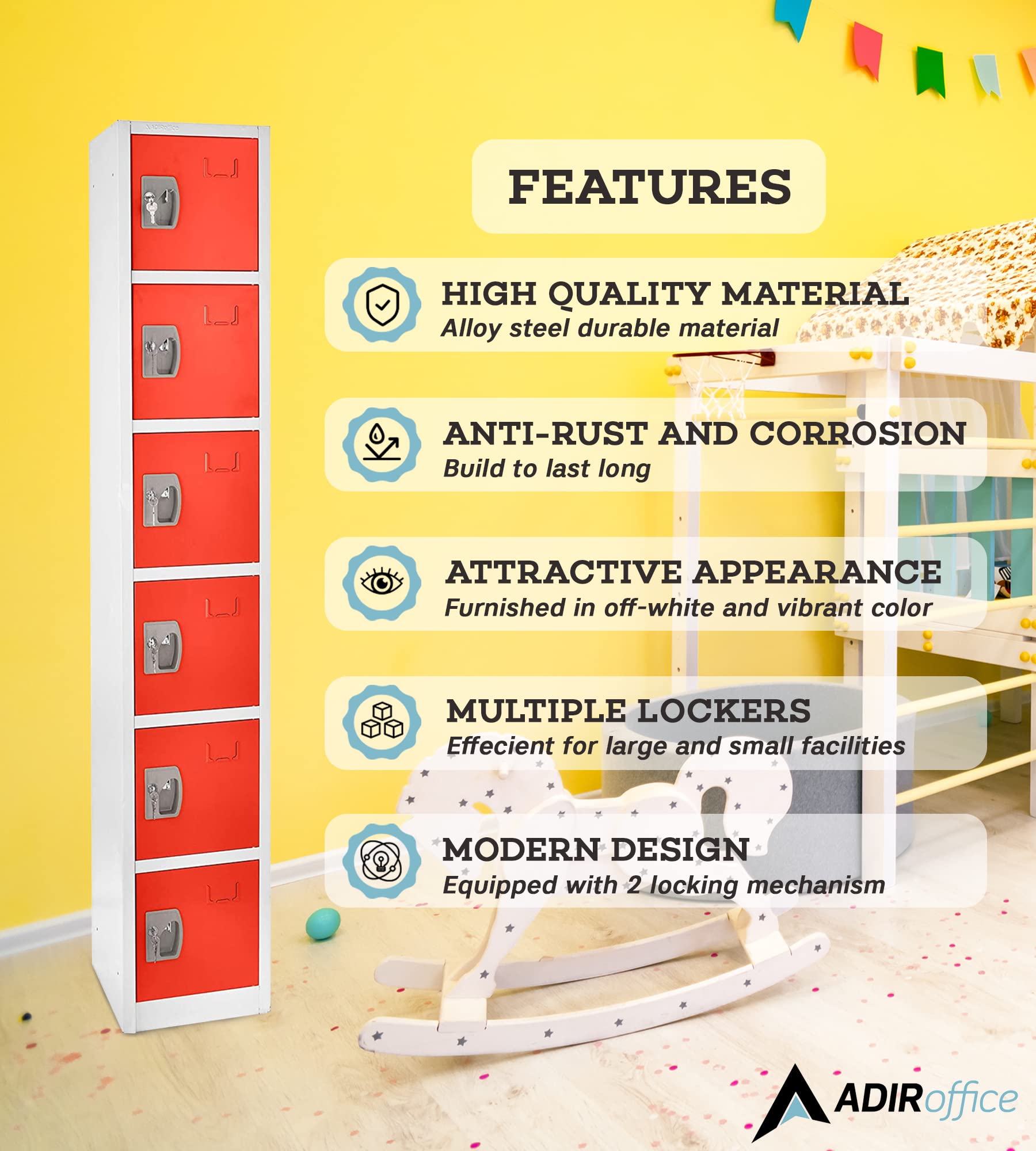 AdirOffice Large 6-Door School Locker with Hooks - Heavy Duty Metal Storage Cabinet for Garage, Office & Classroom Organization (Red) - Perfect for School Supplies, Sports Equipment & Tool Storage