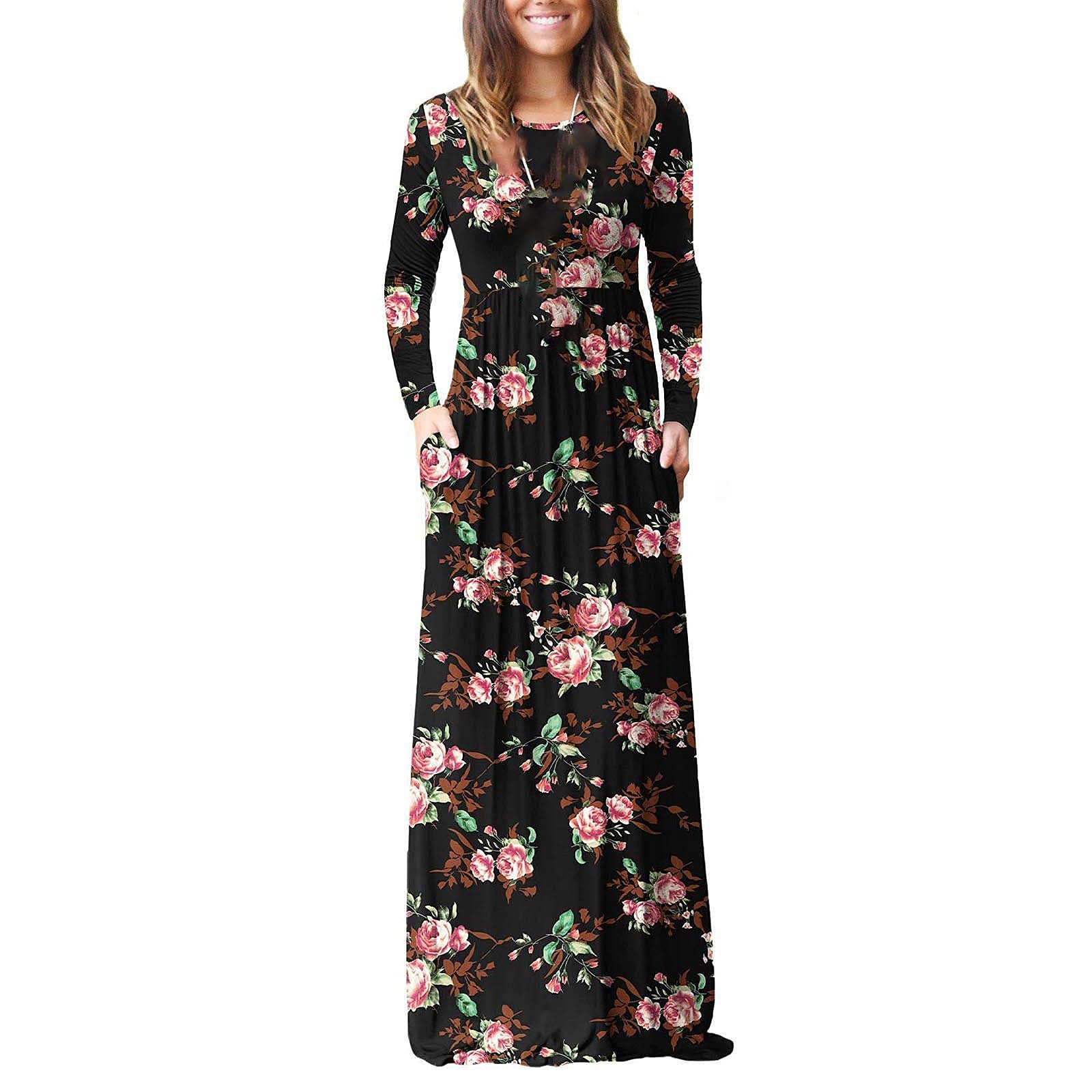 Women's Floral Print Long Sleeve Maxi Dress - Hemlock Fall Evening Party Gown with Pockets | Elegant Floor Length Formal Dress for Weddings, Cocktail Parties & Special Occasions