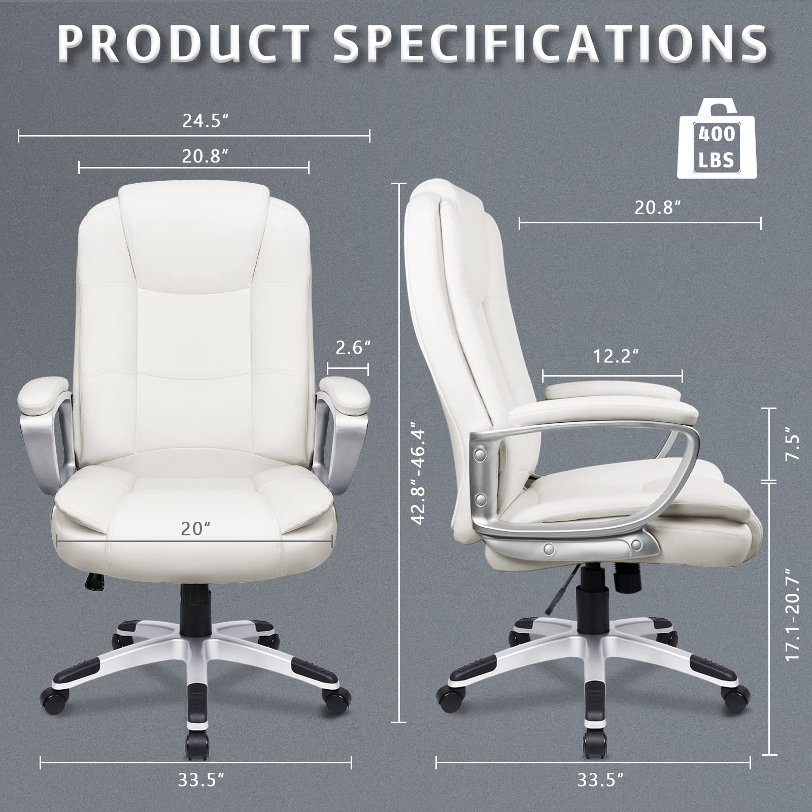 LEMBERI Ergonomic Office Desk Chair - Big & Tall Executive High Back Computer Chair with Adjustable Height, PU Leather & Cushion Support - Perfect for Long Hours Sitting in Home Office or Workspace (White)