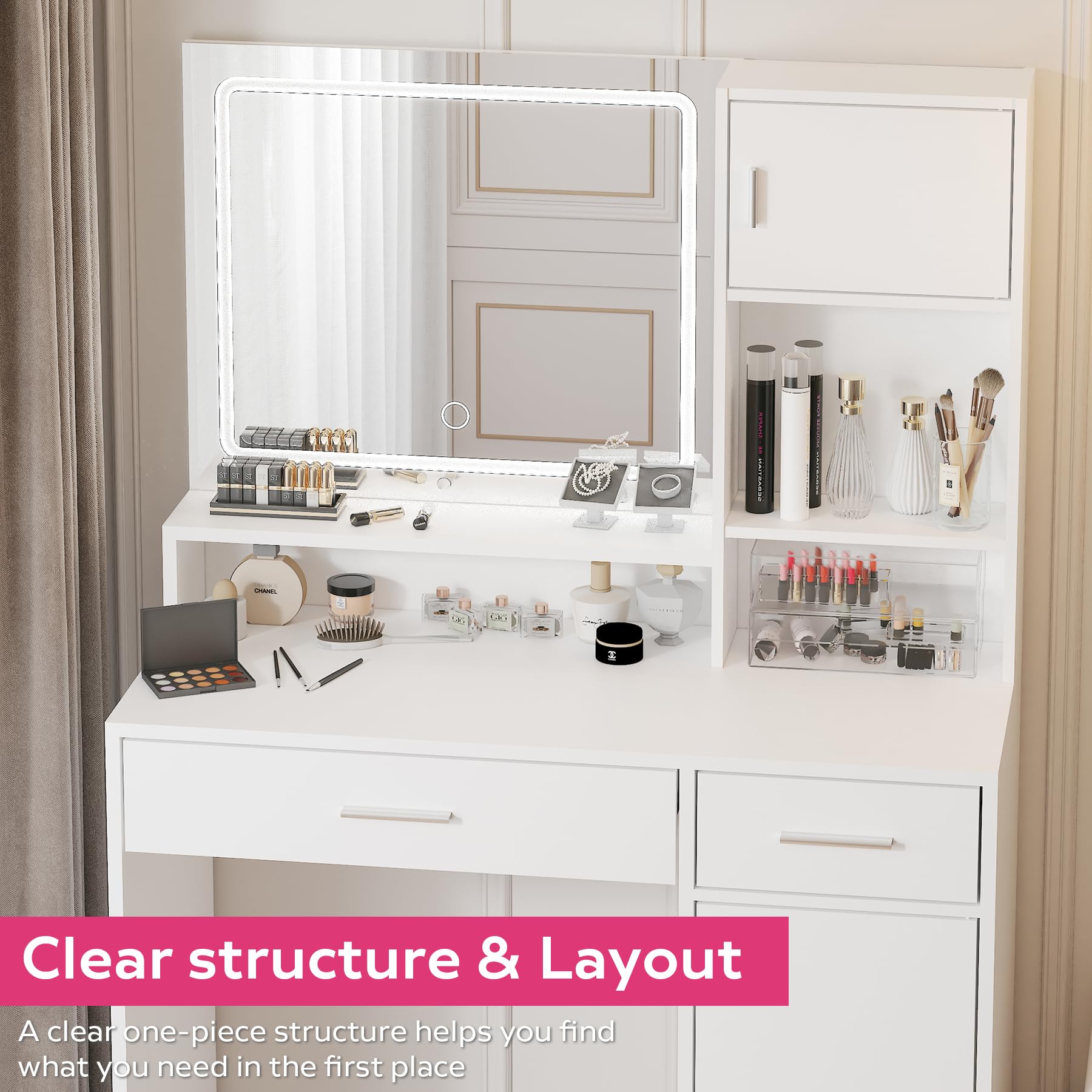Vanity Desk with Mirror & LED Lights - Adjustable Brightness 3 Lighting Modes, Large Drawer & 3-Tier Storage Dresser for Bedroom Makeup & Dressing Area | Perfect for Home Beauty Station, Cosmetics Organization & Vanity Setup