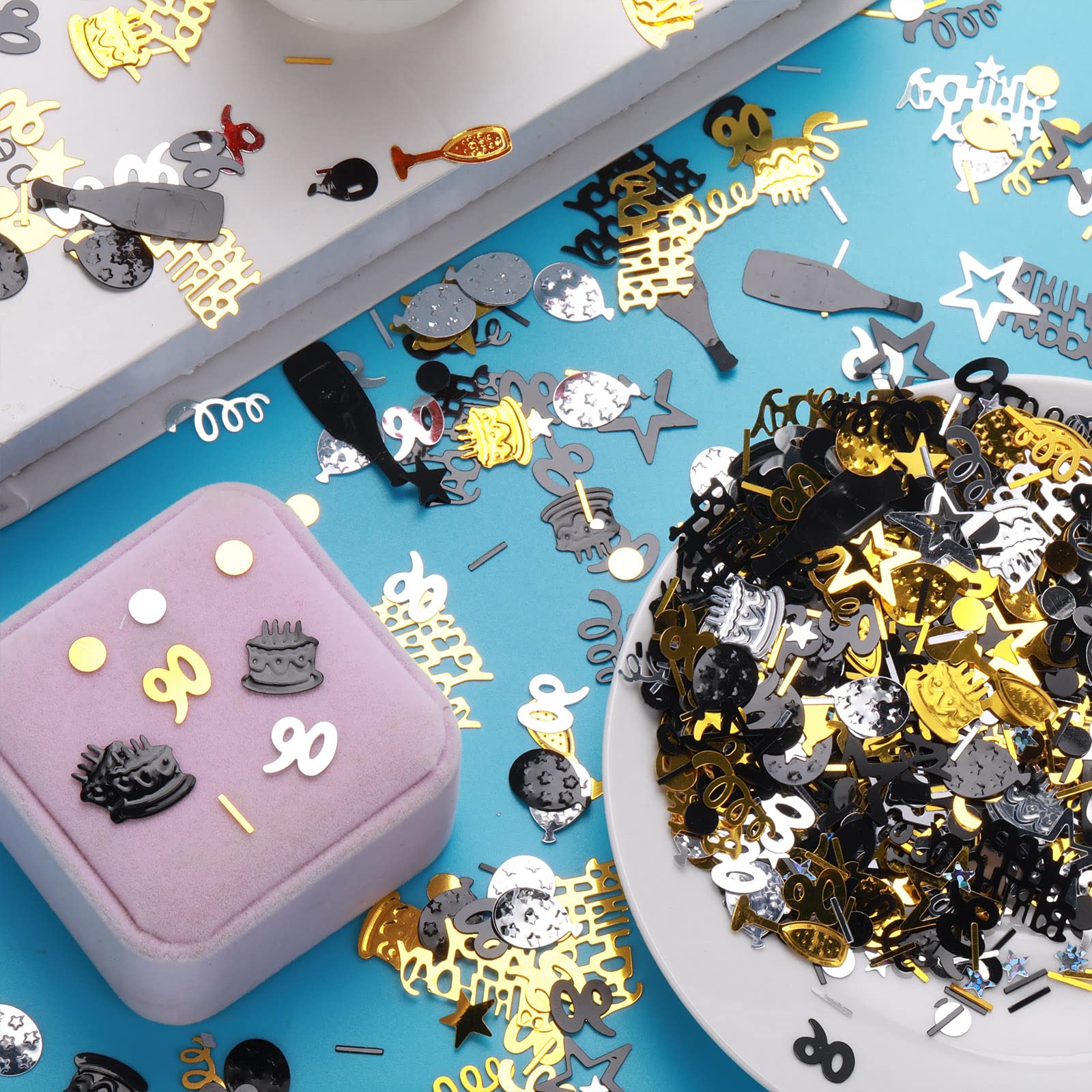 3000 Pieces 90th Birthday Confetti - Black Gold & Silver Glitter Cake & Table Decorations for Anniversaries, Parties | Perfect for 90th Birthday Celebrations, Milestone Events & Festive Gatherings