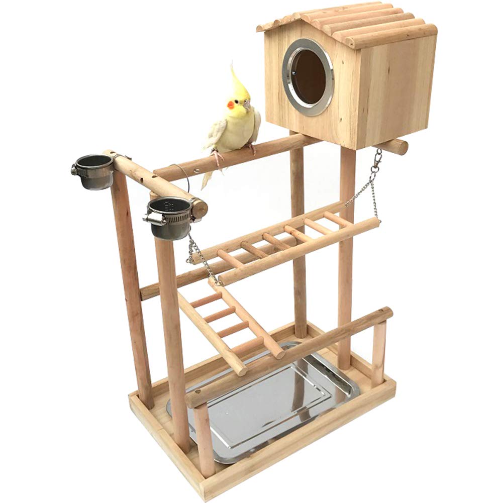 Natural Wood Bird Perch Stand with Bird House - Parrot Toy Playground, Swing, Bridge & Ladder for Macaw, Cockatiel, Budgie, Conure - Cage Accessories for Climbing, Playing & Resting - Perfect for Bird Cages, Aviaries & Pet Play Areas