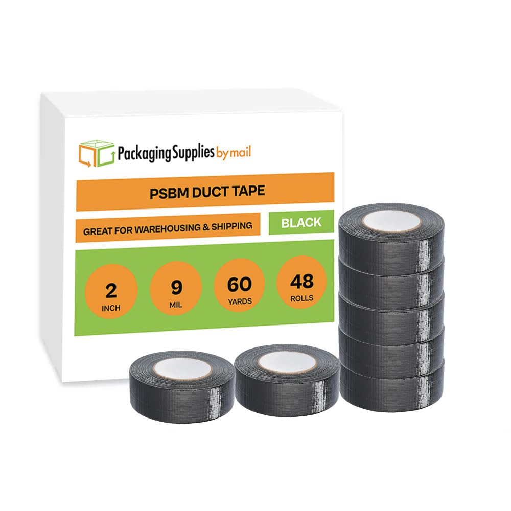 PSBM Heavy Duty Black Duct Tape - 2 Inch x 60 Yards (48 Pack) | 9 Mil Thick Industrial Strength Adhesive for Repairing, Patching, Sealing & Reinforcing | Perfect for Home Repairs, HVAC Work, Craft Projects & Emergency Fixes