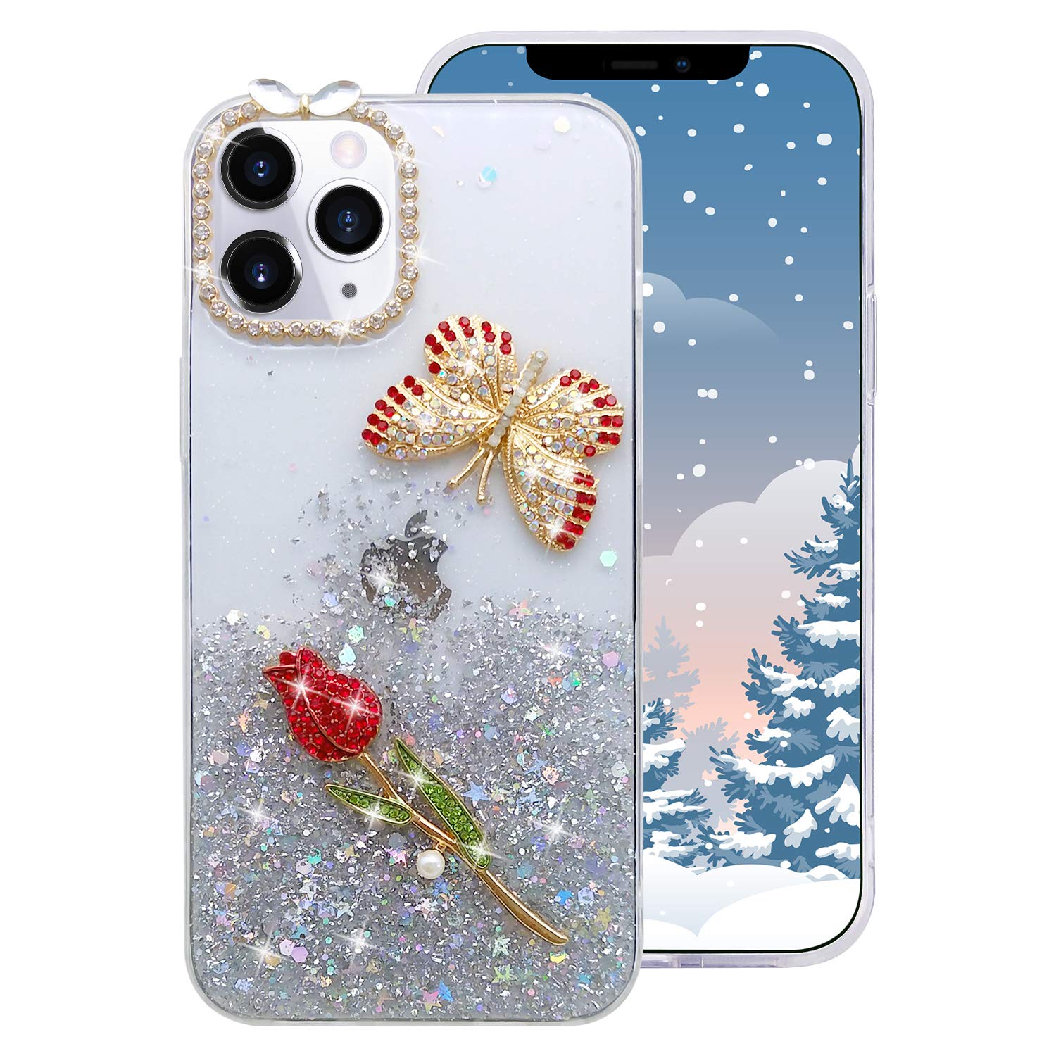 Luxury 3D Bling Glitter Rhinestone iPhone 12 Pro Case - Diamond Butterfly Flower Design, Sparkly Soft Silicone Protective Cover for Women & Girls (6.1