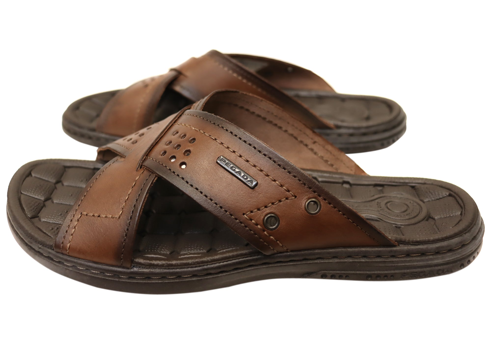 **Perry Men's Comfortable Leather Slides Sandals - Handmade in Brazil - Perfect for Casual Wear, Beach & Poolside**