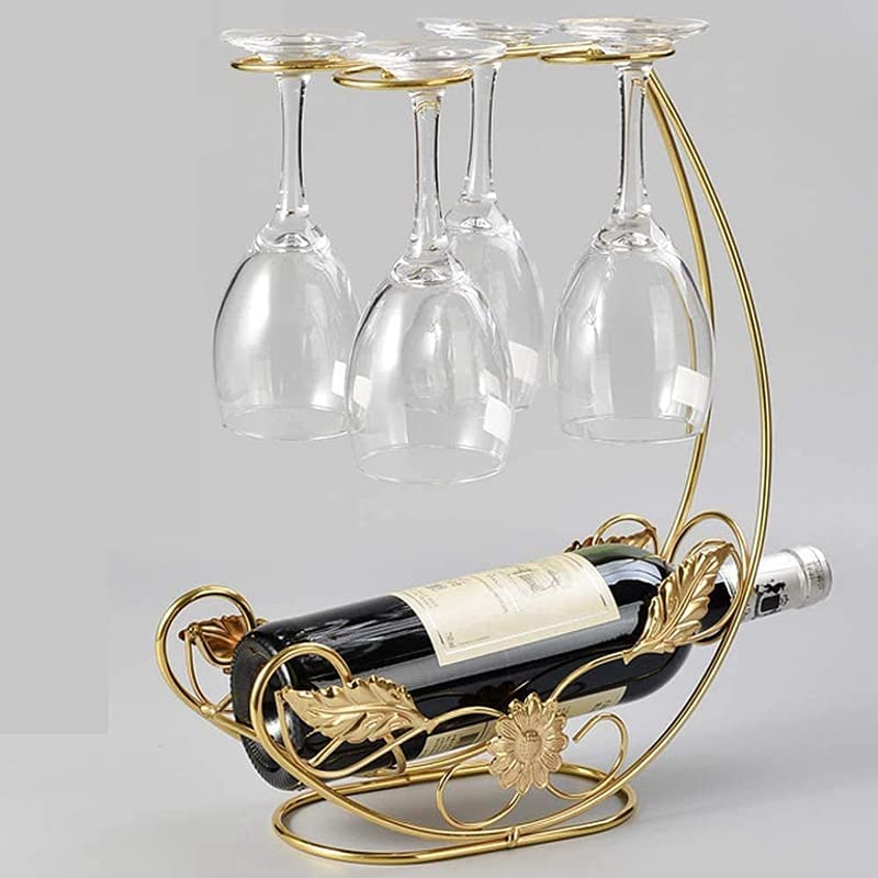 TOMYEUS Countertop Wine Rack Holder - Holds 1 Wine Bottle & 4 Glasses - Space Saving Tabletop Wine Glass Organizer for Kitchen, Bar, Dining Room & Home Decor