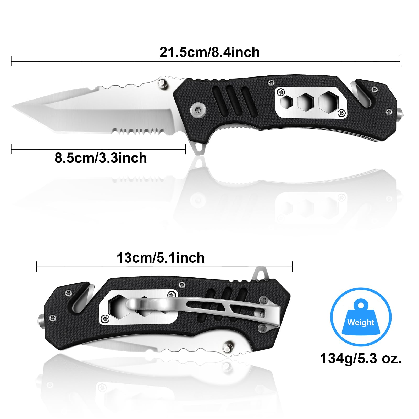 HONZIN 6-in-1 Stainless Steel 3Cr13 Pocket Knife Multitool with Belt Clip, G10 Handle - Portable Folding Survival Knife for Outdoor Camping, Hiking & Emergency Rescue