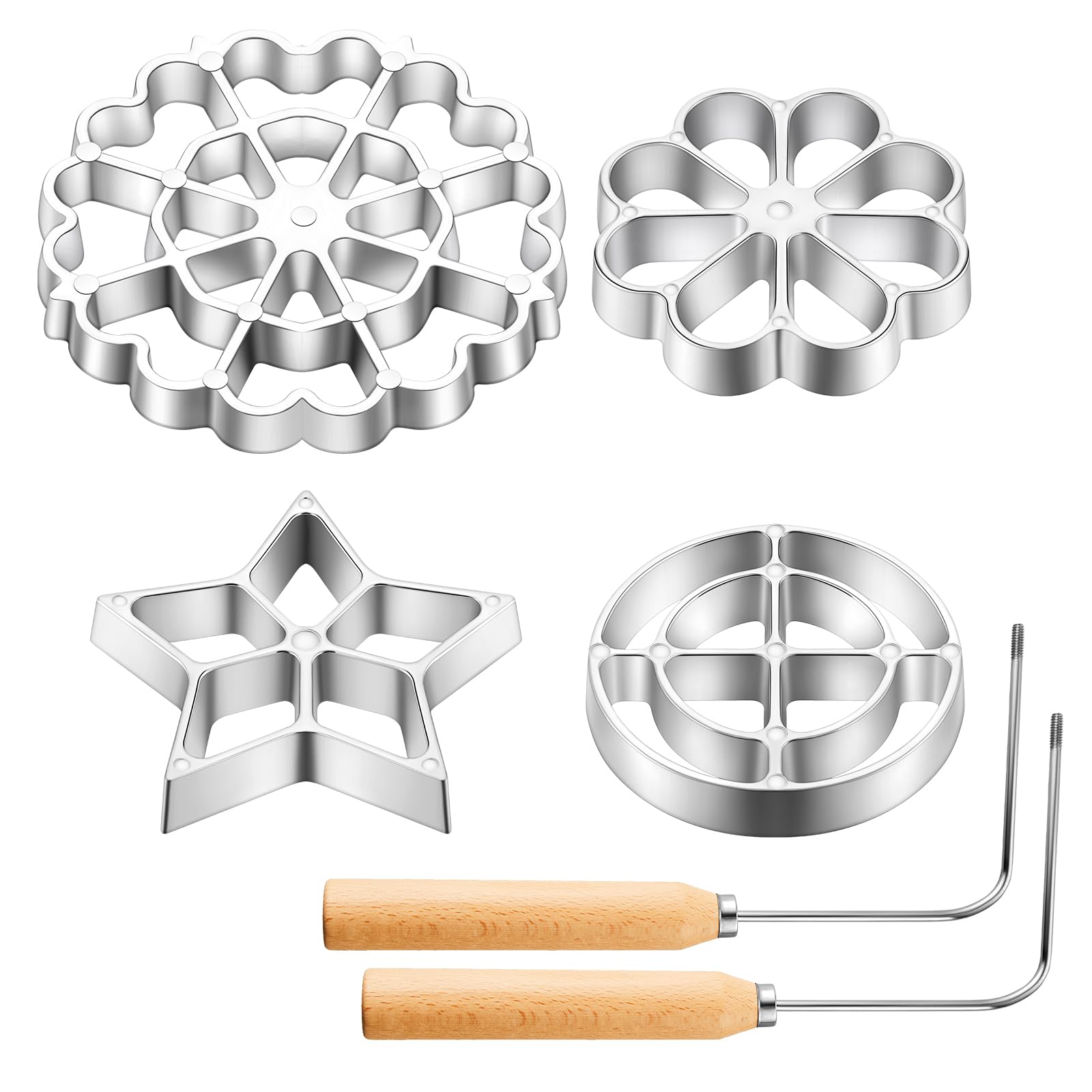 6 Pcs Rosette Iron Mold Set - Aluminum Alloy Bunuelos Maker with Wooden Handle, 3 Interchangeable Heads (Star, Flower, Circle) for Waffles, Cookies & Pastries - Perfect for Holiday Baking, Party Treats & Homemade Desserts