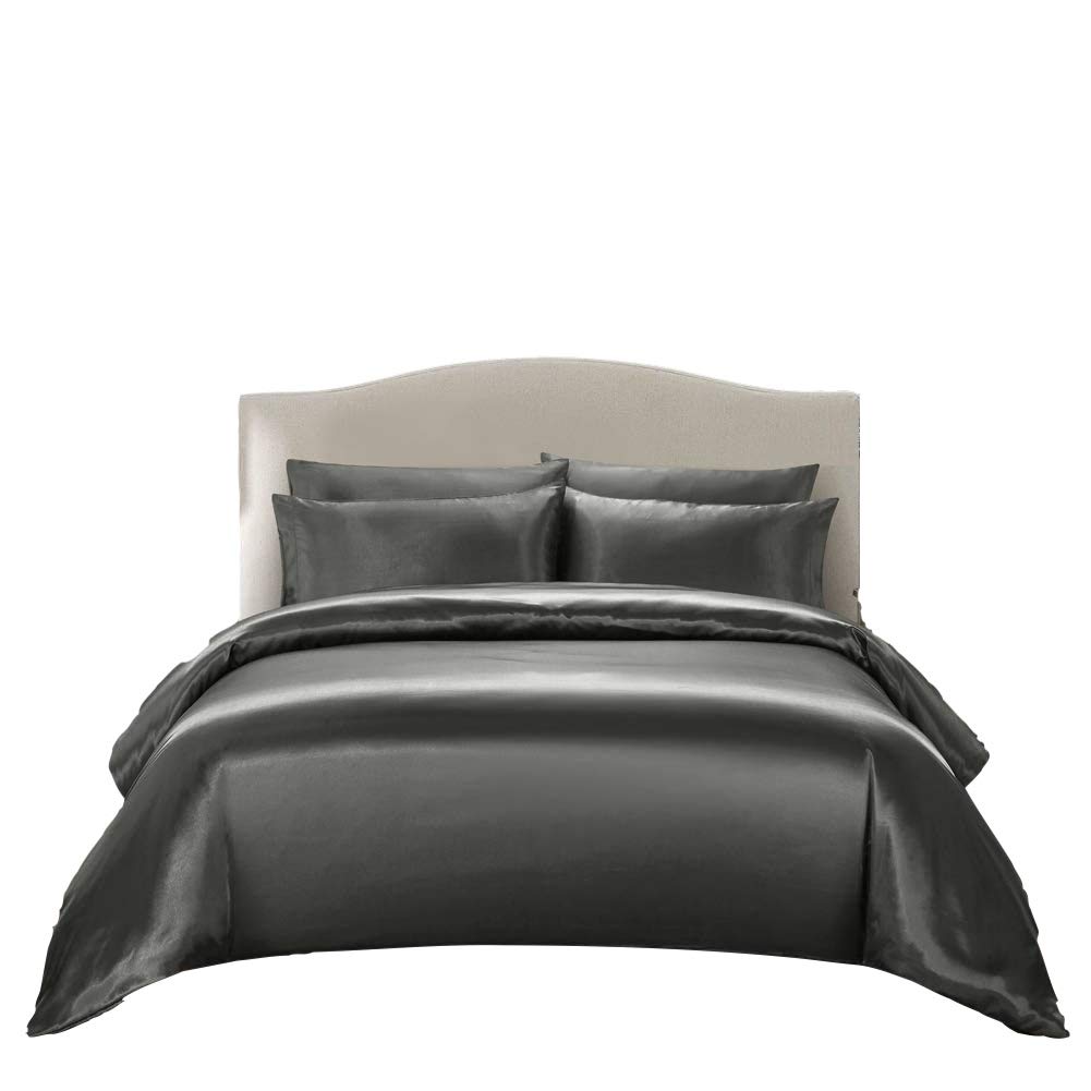 Luxury Ultra Soft Satin King Size Duvet Cover Set - Dark Grey 4 Piece Bedding Set (Duvet Cover, Fitted Sheet 16