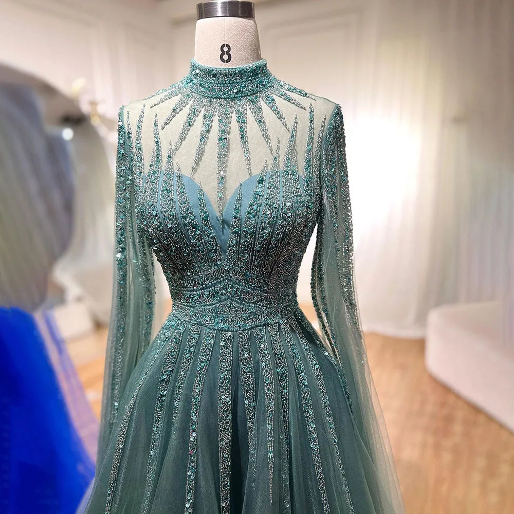 Elegant Arabic Turquoise Beaded A-Line Evening Gown with Cape Sleeves - Dubai Inspired Women's Wedding Party Dress LA72199 | Perfect for Formal Events, Red Carpet & Special Occasions