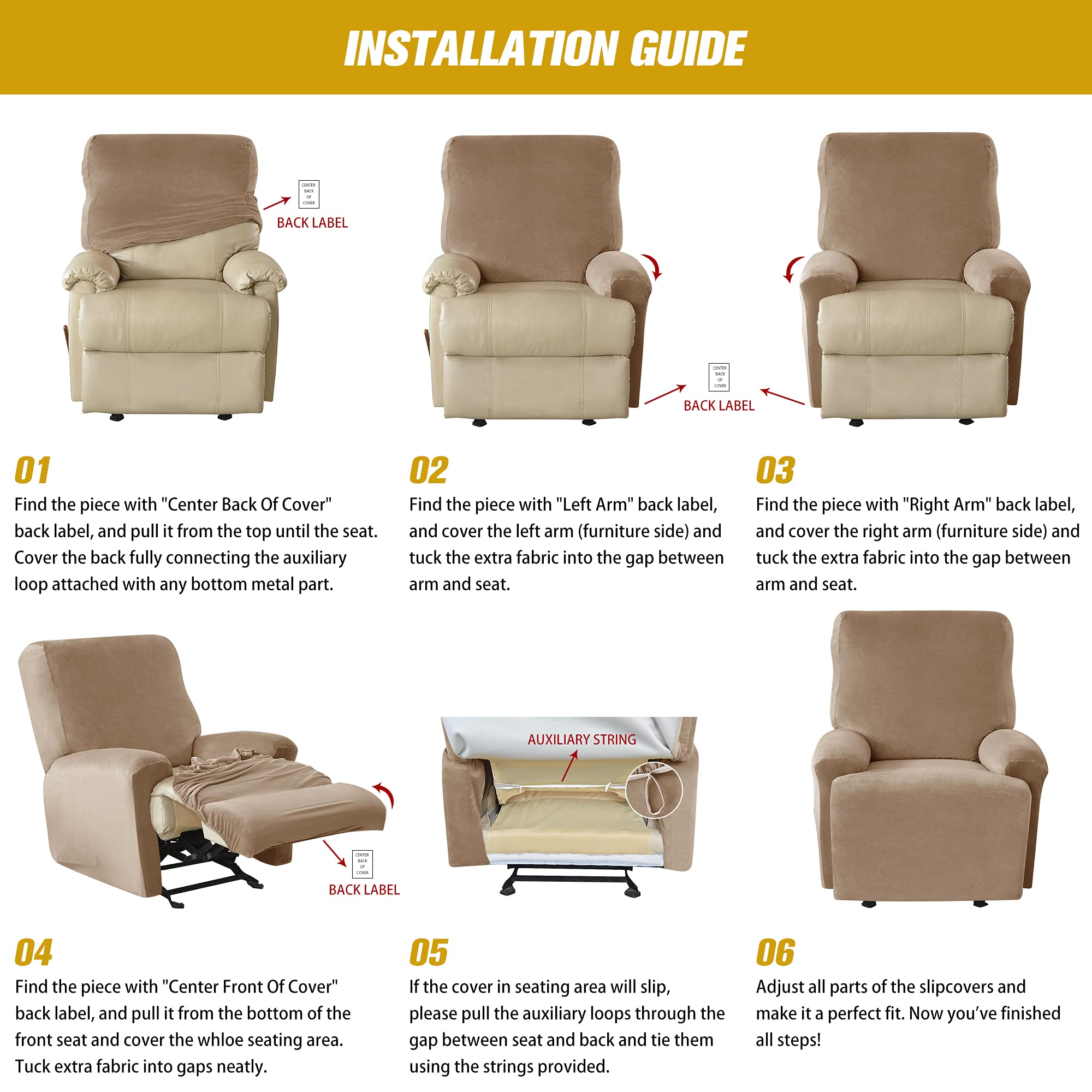4-Piece Stretch Velvet Recliner Cover with Side Pockets - Anti-Slip Furniture Protector for Reclining Sofa & Chair - Perfect for Living Room, Home Theater & Family Room Comfort