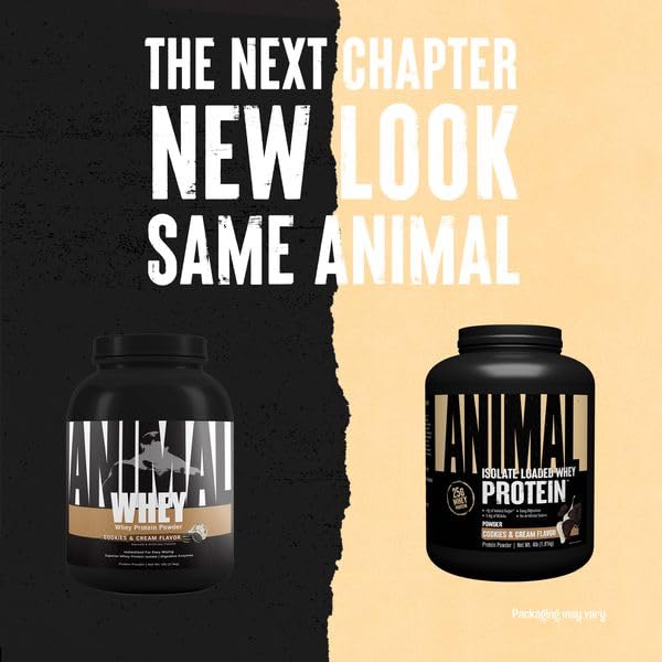 Animal Whey Isolate Protein Powder - 25g Protein for Muscle Building & Recovery, Low Sugar, Great Taste (Cookies & Cream, 4 lbs) - Pre & Post Workout Supplement with Digestive Enzymes for Men & Women - Ideal for Gym, Fitness & Active Lifestyle