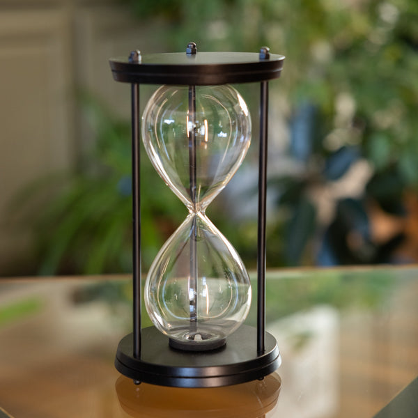 Premium Black Round Hourglass Kit with Metal Spindles - 5/10/15 Minute Sand Timer for Home Office Decor, Meditation, Yoga, Board Games & Classroom Activities
