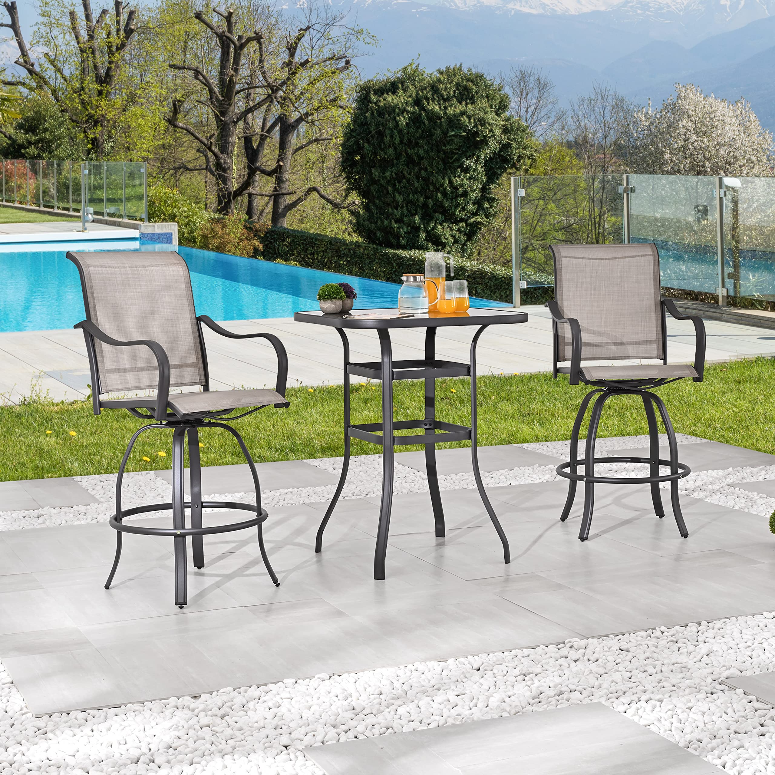 360° Swivel Bar Height Patio Bistro Set - 3-Piece Outdoor Furniture with Tempered Glass Table & Light Grey Chairs for Deck, Garden, or Poolside Relaxation