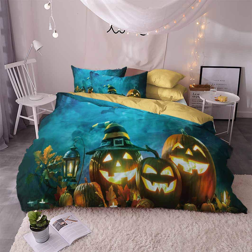 Homefit Beach & Halloween Themed Bedding Set - Pumpkin Trick or Treat Duvet Cover with Ocean View Print (King Size 46