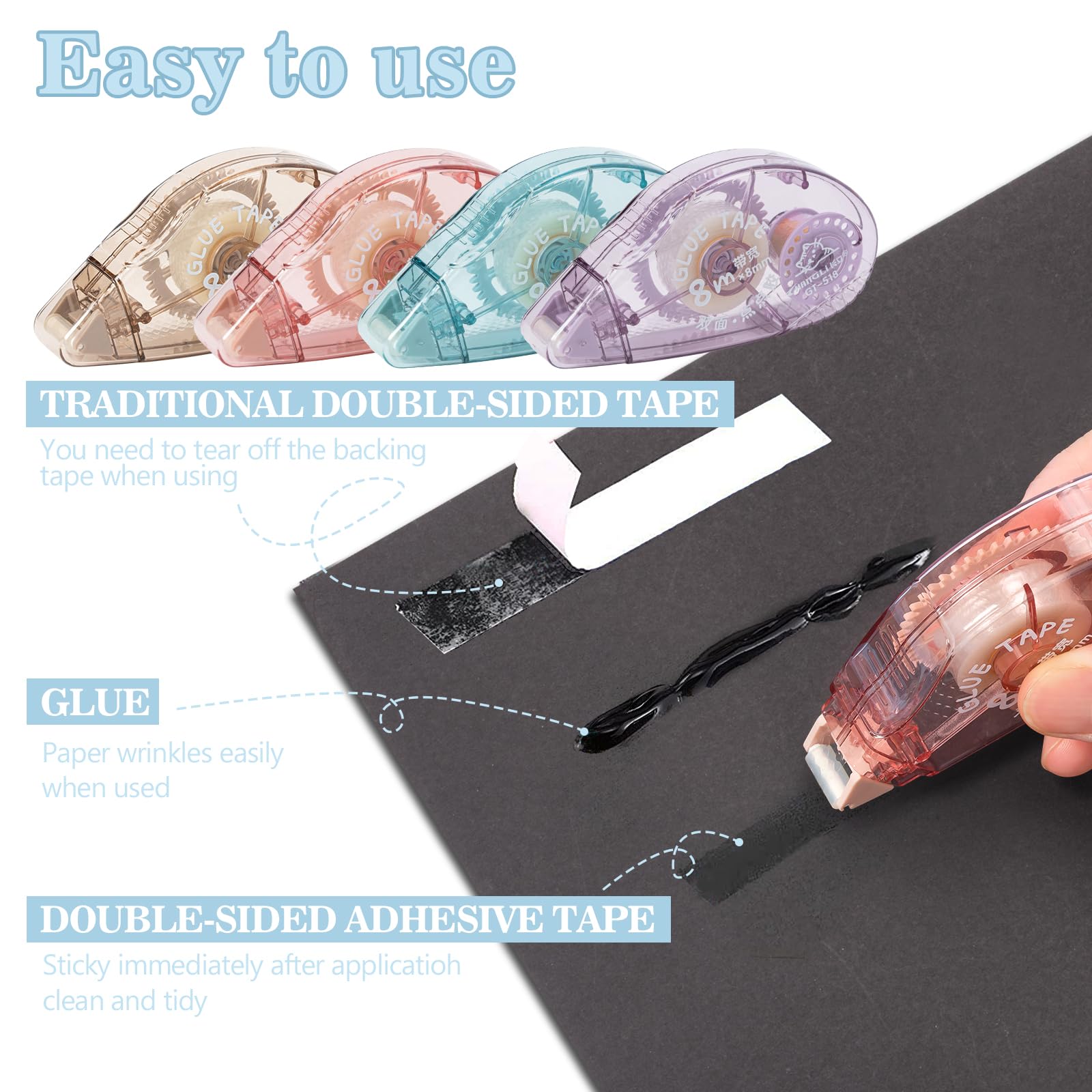 4 Pack Double Sided Tape Roller - Strong Adhesive Glue Tape for Scrapbooking, Crafts, School & Office Supplies - 0.31 in X 26.25 ft - Perfect for Card Making, Photo Albums, Journaling & DIY Projects