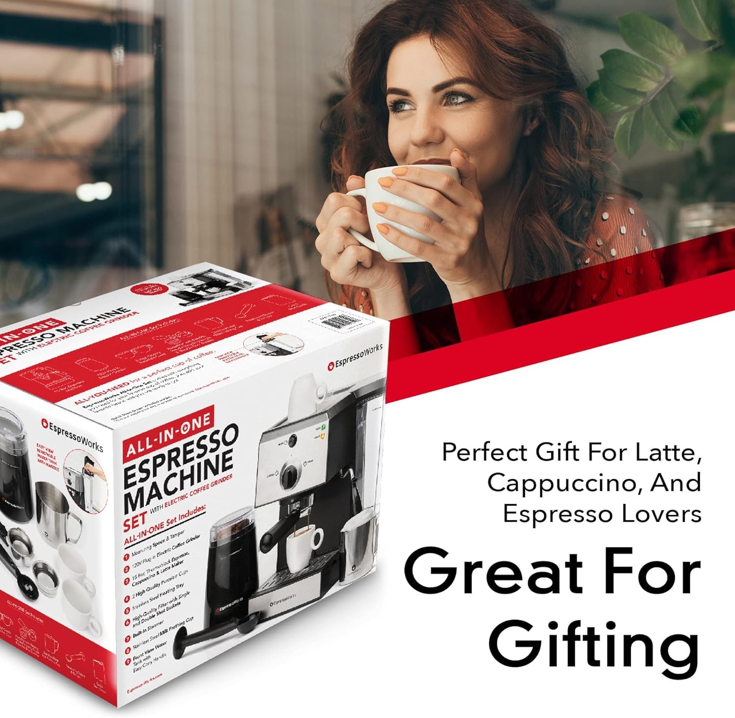 EspressoWorks All-In-One Espresso Machine with Milk Frother - 7-Piece Cappuccino Maker Set Includes Coffee Grinder, Frothing Pitcher, Cups, Spoon & Tamper - Perfect for Home Baristas & Coffee Lovers (White) - Ideal for Morning Brews, Entertaining Guests & Coffee Shops