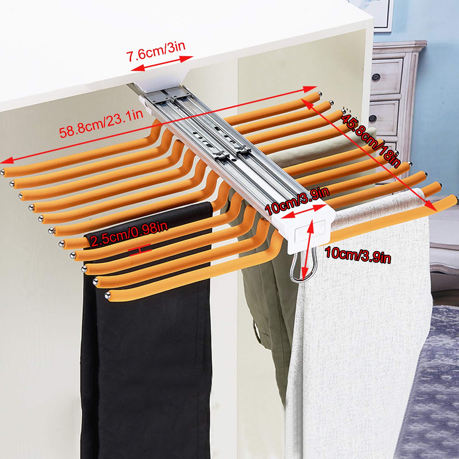 Extendable Pull Out Closet Pants Hanger Bar - Space Saving Clothes Organizer for Pants, Scarves & Accessories - Push-Pull 22 Rods Storage Rack (Orange) - Perfect for Small Closets, Wardrobe Organization & Home Storage Solutions