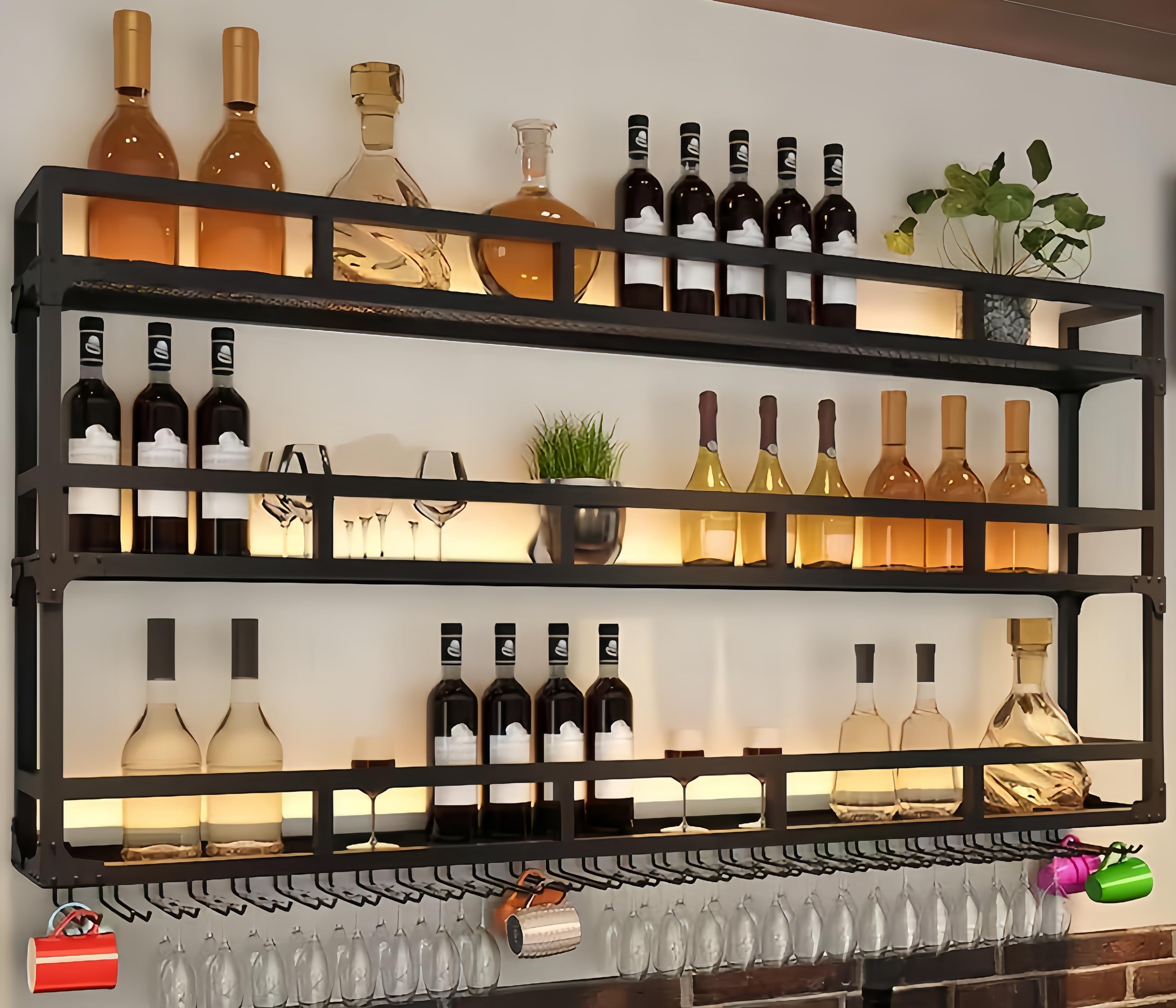 47 Inch Metal Wine Rack Wall Mounted with LED Lights - 3-Tier Bar Shelf for Liquor Display, Hanging Mugs & Wine Glasses - Perfect for Home Bars, Kitchen Decor & Entertaining Guests (Black)