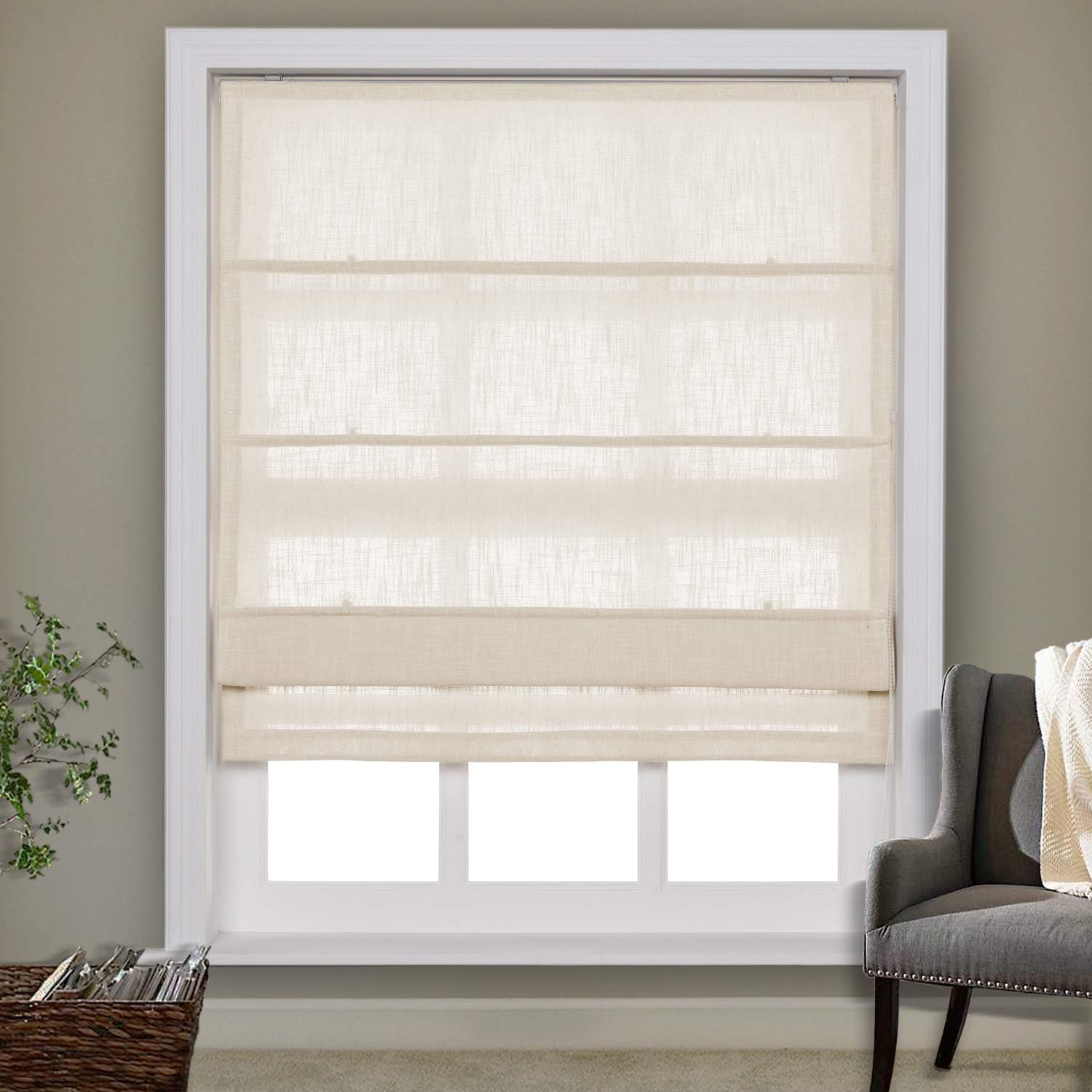 Frelement Blackout Roman Shades - Linen Window Blinds for Living Room, Bedroom & Office - Sand Beige (1 Piece) with Installation Hardware | Light Blocking Window Treatment for Better Sleep & Privacy
