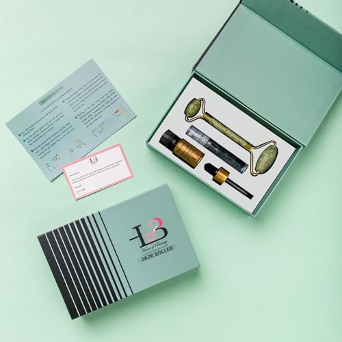 HOUSE OF BEAUTY Jade Roller & Oil Set - Natural Stone Double Sided Facial Massager for Face, Neck & Arm Care - Healthy Skin Solution for All Skin Types (Green) - Perfect for Home Spa, Self-Care Routine & Relaxation