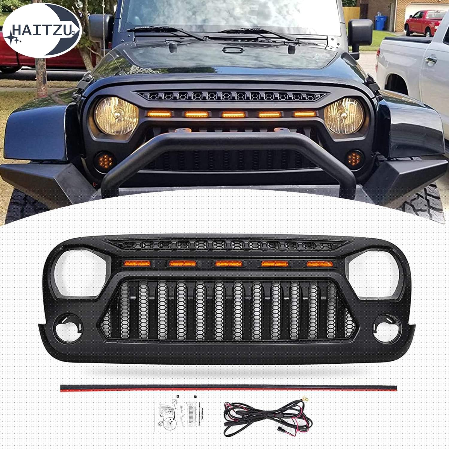 Jeep Wrangler JK & JKU Angry Face Grill (2007-2018) - Matte Black with 5 Amber Lights | Compatible with Rubicon, Sahara, Sport Models | Off-Road & Custom Jeep Accessories Upgrade