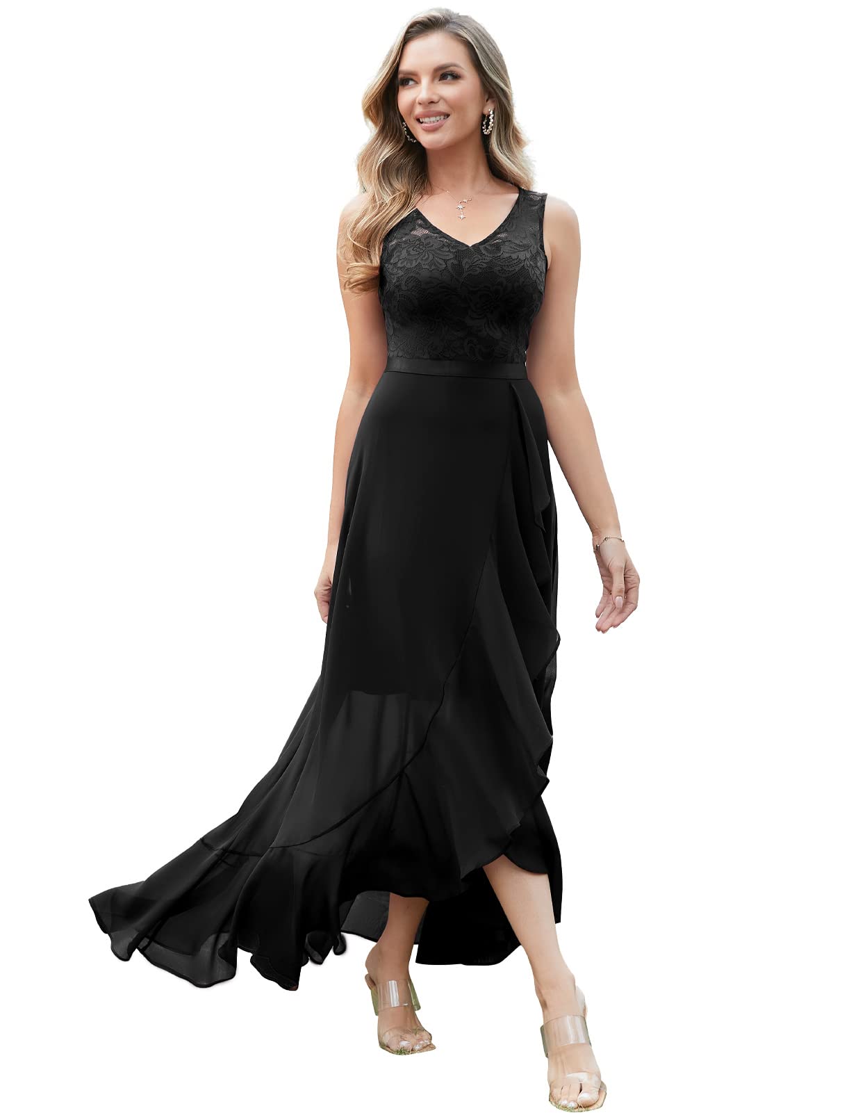 Elegant Long Lace Chiffon Wedding Guest Dress for Women - A-line Formal Bridesmaid Dress with Ruffle Asymmetrical Hem | Perfect for Weddings, Parties, and Special Occasions