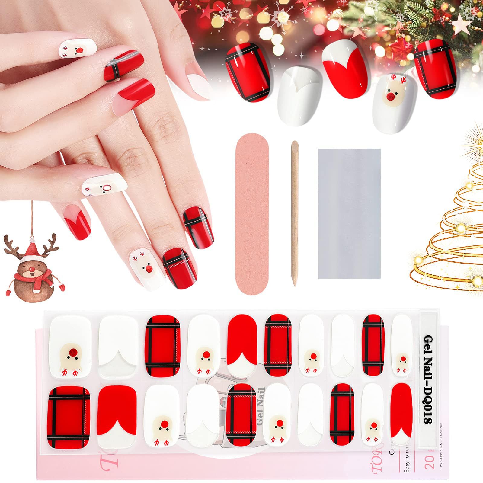 Christmas Gel Nail Polish Strips - 20PCS Holiday Nail Stickers with Elk & Heart Designs, Includes Nail File & Stick (UV/LED Lamp Required) - Perfect for Christmas Parties, Gift Giving & Festive Nail Art