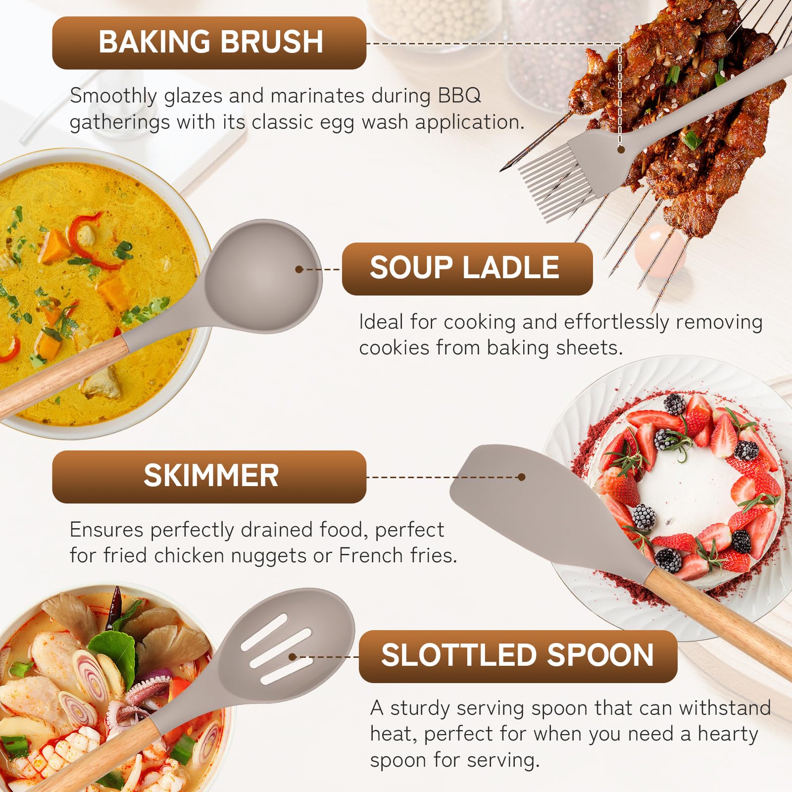 Silicone Kitchen Utensils Set 43 PCS with Wooden Handle, Nonstick Heat Resistant Cookware Gadgets & Holder (Khaki) - Perfect for Baking, Cooking, and Everyday Kitchen Tasks