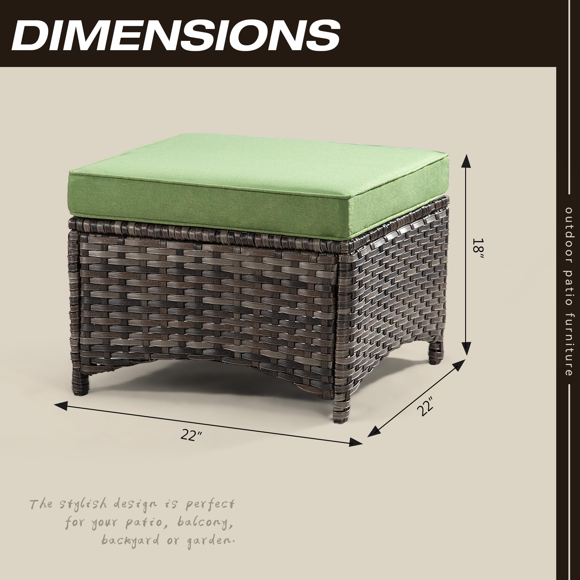 Joyside Outdoor Ottomans Set of 2 - PE Wicker Steel Frame Patio Footstools with Removable Olefin Cushions - Waterproof Garden Stools for Backyard, Deck, Poolside & Outdoor Living Spaces - Green