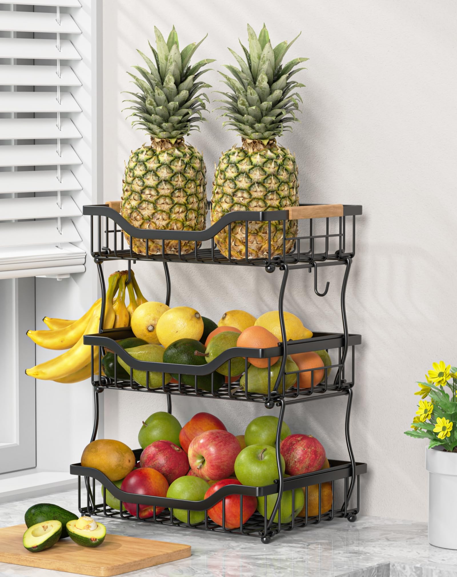 3-Tier Fruit Basket with Banana Hangers - Wall Mount & Countertop Kitchen Organizer for Fruits, Vegetables, Bread, Snacks - Perfect for Small Kitchen Storage & Pantry Organization (Ideal for Apartments, Dorms & Counter Space Saving)
