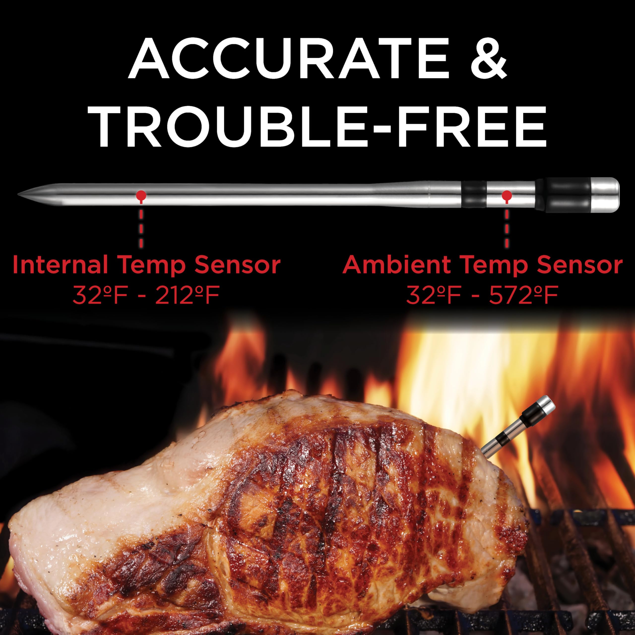 Wireless Meat Thermometer with Digital Probe - Bluetooth BBQ Thermometer for Grilling, Smoking & Oven Cooking - 800ft Range, Internal & Ambient Temp Monitoring - Perfect for Outdoor Cooking, Backyard BBQs & Kitchen Use (Black)