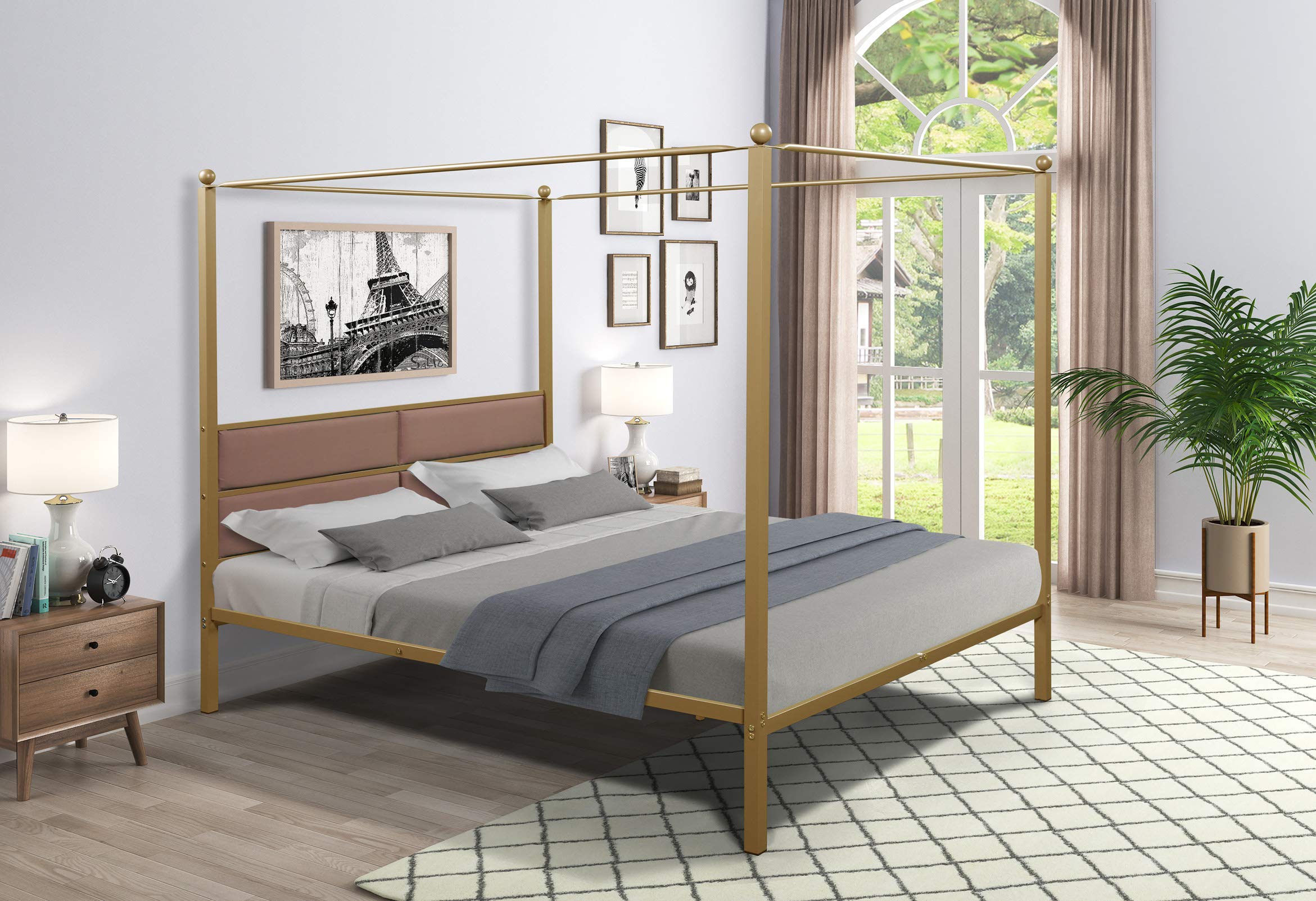 Queen Size Metal Canopy Platform Bed with Upholstered Headboard - Sturdy Square Steel Pipe Frame & Iron Slats Support - No Box Spring Needed - Brass Finish for Bedroom, Guest Room or Master Suite