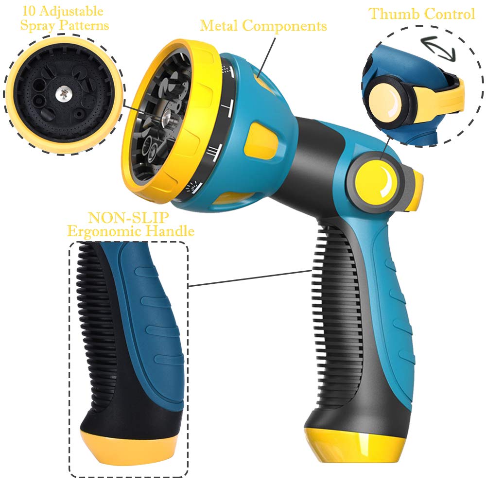 Metal Garden Hose Nozzle - 10 Adjustable Spray Patterns for Watering, Cleaning & Car Washing