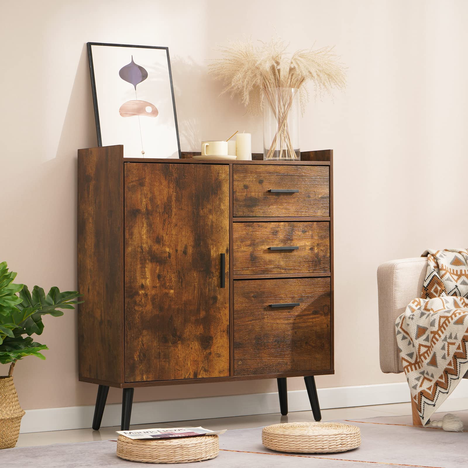 USIKEY Mid Century Modern Wooden Storage Cabinet with 3 Drawers & 1 Door - Adjustable Shelf Freestanding Cupboard for Living Room, Bedroom, Entryway - Rustic Brown Accent Furniture for Home Organization & Decor