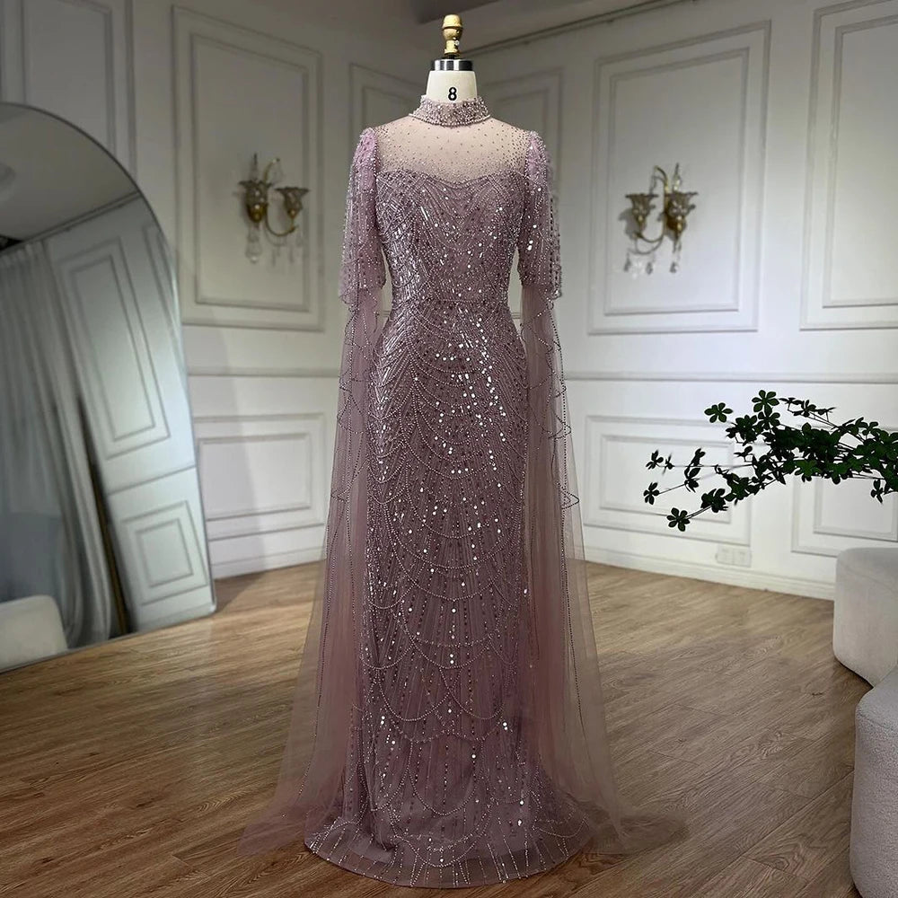 Luxury Dubai Pink Cape Sleeves Mermaid Beaded Arabic Evening Dress for Women - Elegant Long Gown for Wedding, Party & Special Occasions - Serene Hill LA71992A