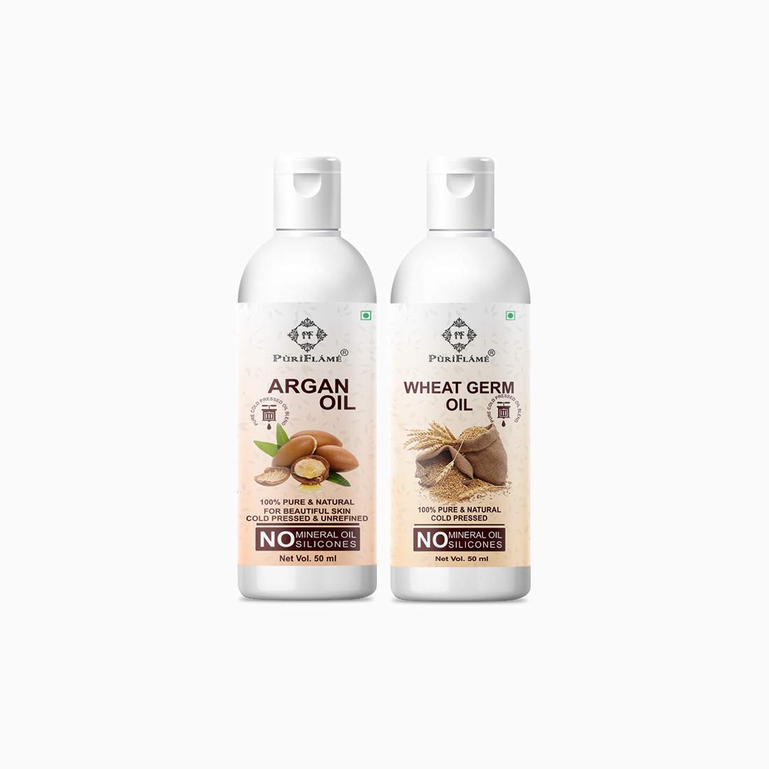 PuriFlame 100% Pure Argan Oil & Wheat Germ Oil Combo Set (50ML Each) - For Rapid Hair Growth, Anti Hair Fall, Split Ends Repair & Shinier Hair - Pack of 2 - Perfect for Daily Hair Care & Scalp Treatment
