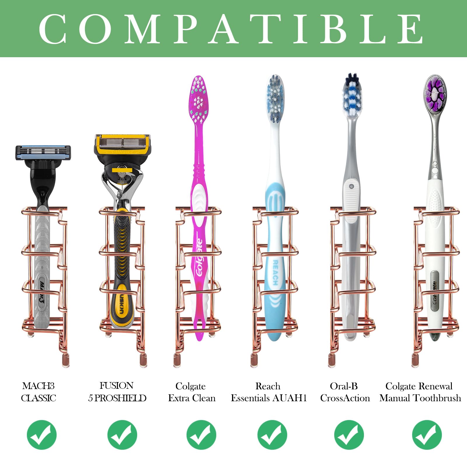 Stainless Steel Wall Mount Toothbrush Holder for Shower - 3 Slot Organizer with Rose Gold Finish | Compatible with Colgate Extra Clean & Oral-B CrossAction | Bathroom Countertop or Wall Mount Storage Solution for Toothbrushes, Razors & Beauty Tools