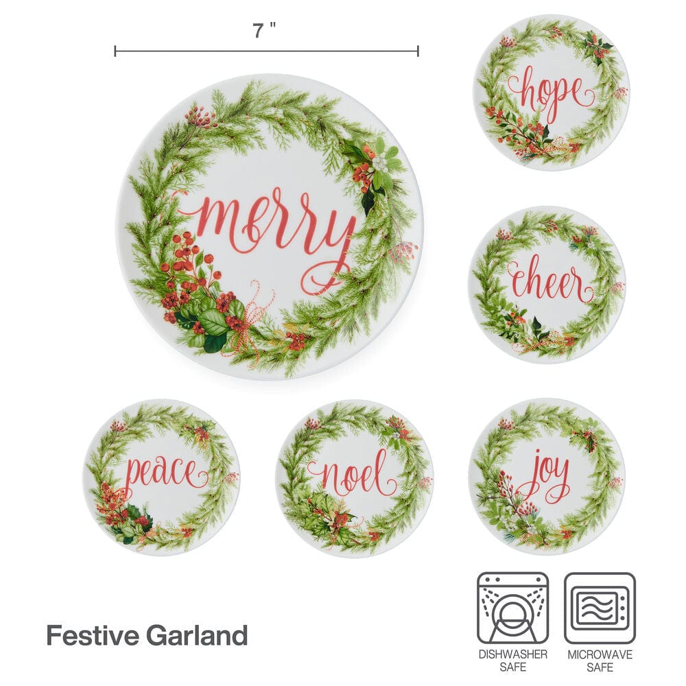 6-Piece Festive Appetizer Plate Set - Elegant Holiday Garland Design for Christmas Parties, Dinnerware & Entertaining