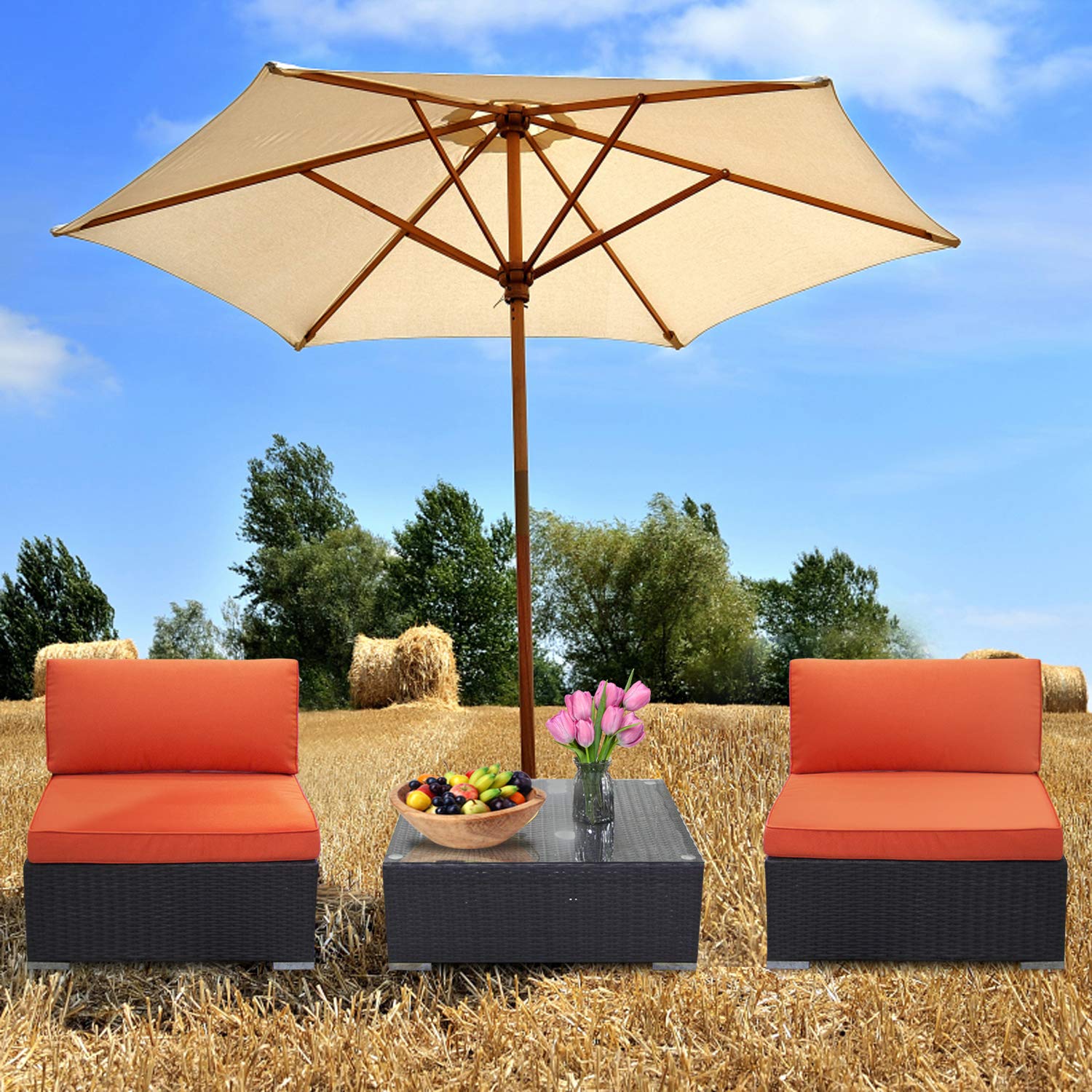 3-Piece Outdoor Sectional Sofa Set - Patio Rattan Wicker Furniture with Washable Cushions (Orange) - Perfect for Backyard, Garden & Poolside Relaxation